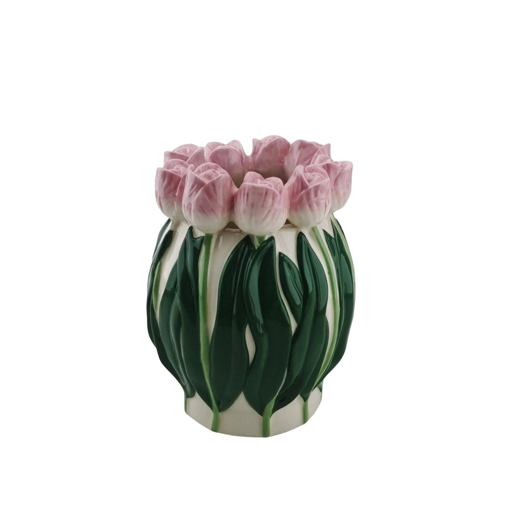 Tulips Vase | Light Pink & Green | Round
