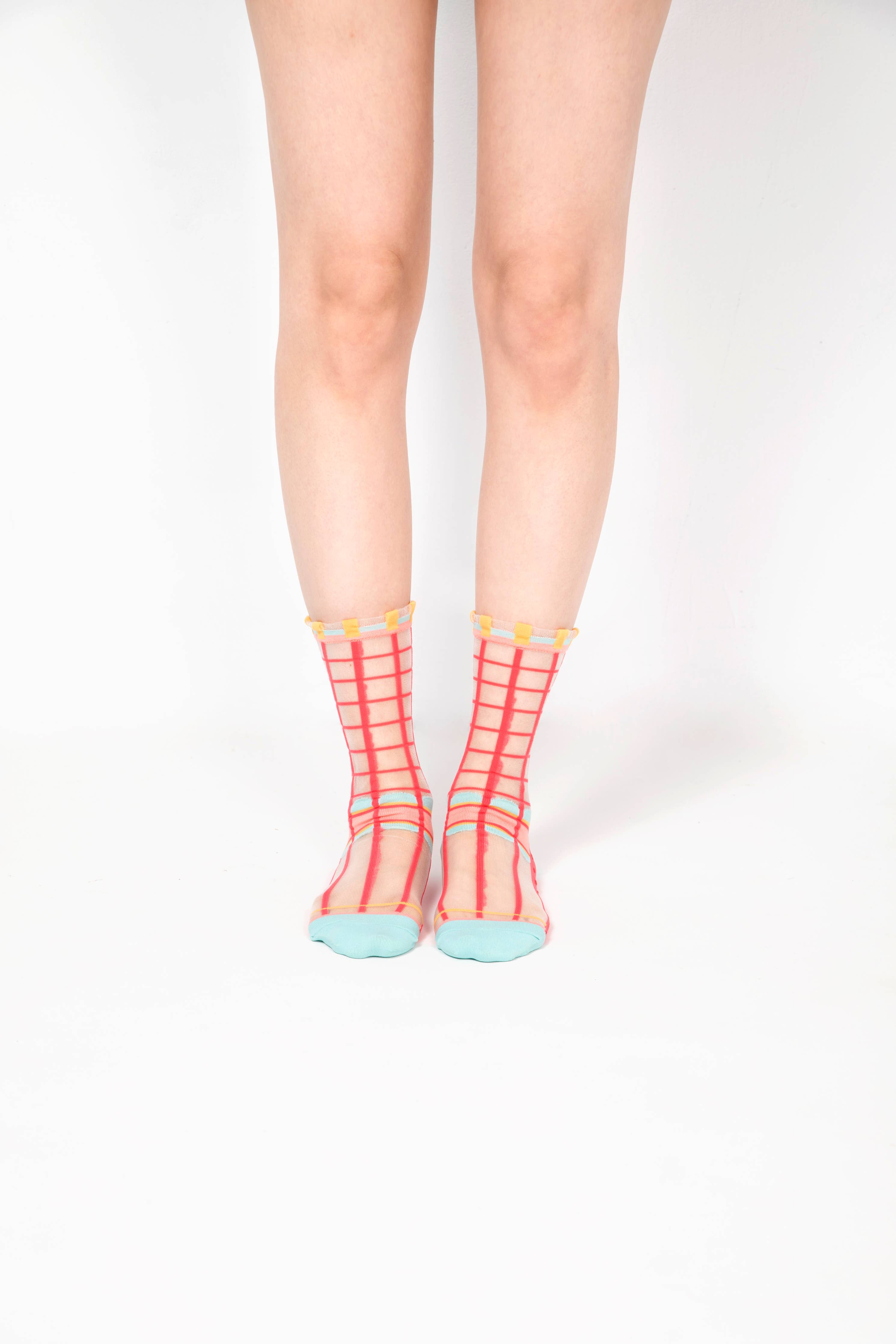 Grids with Polka Dots Sheer Socks | Watermelon Pink