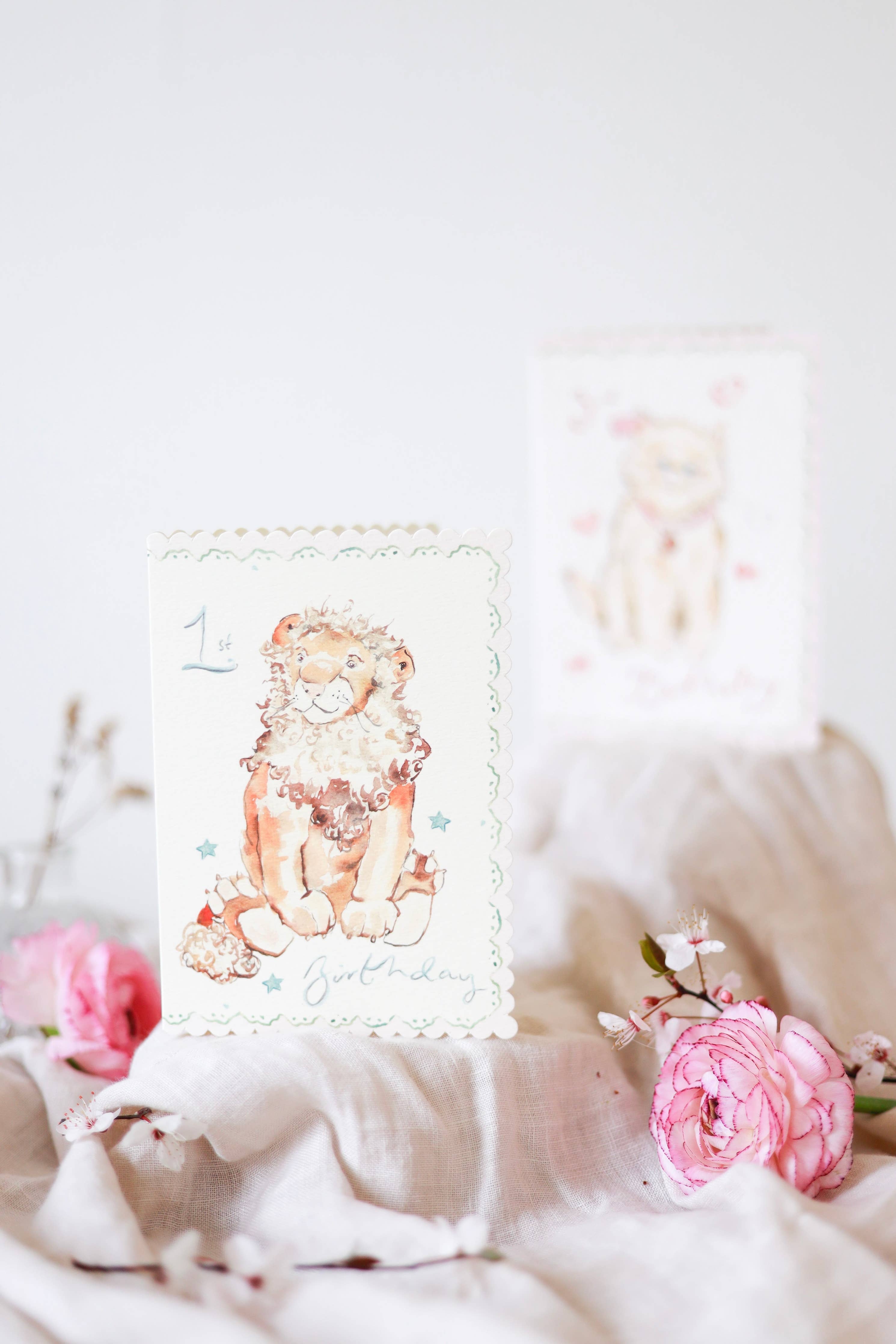 1st Birthday Lion - scalloped edge card