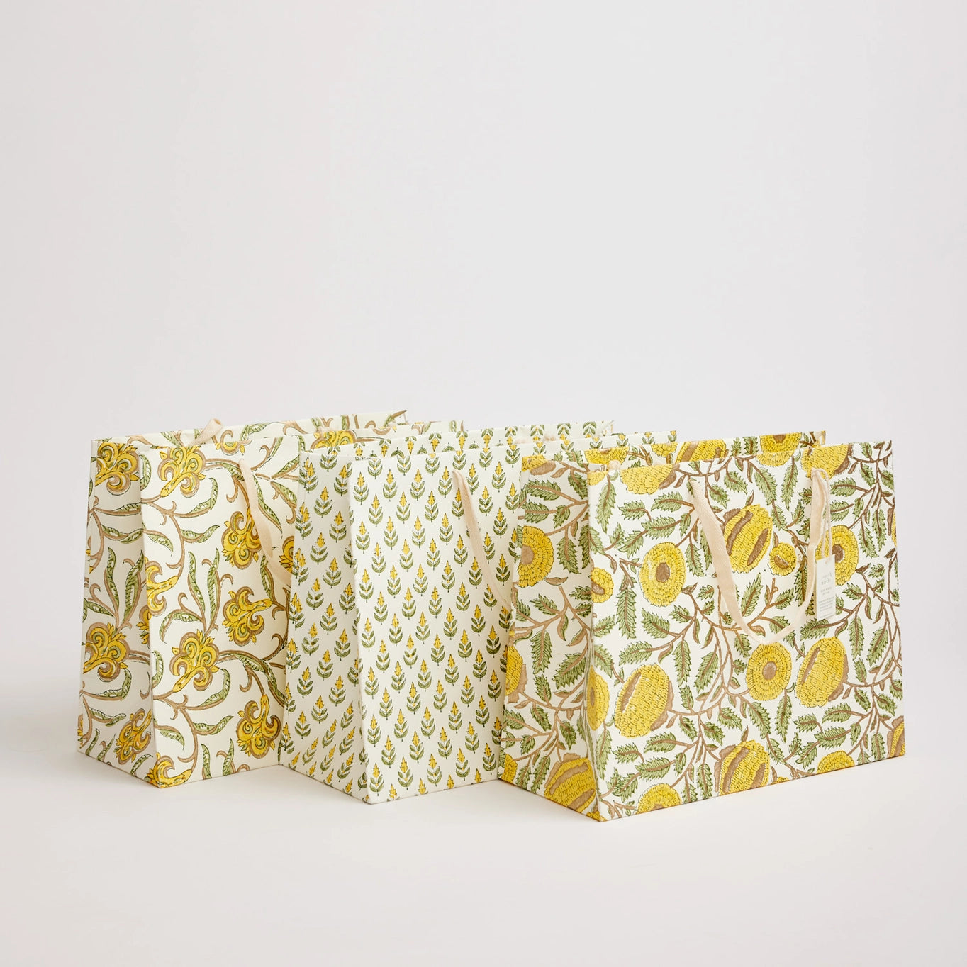 Block Printed Gift Bags | 3 Yellow Designs & 3 Sizes Available