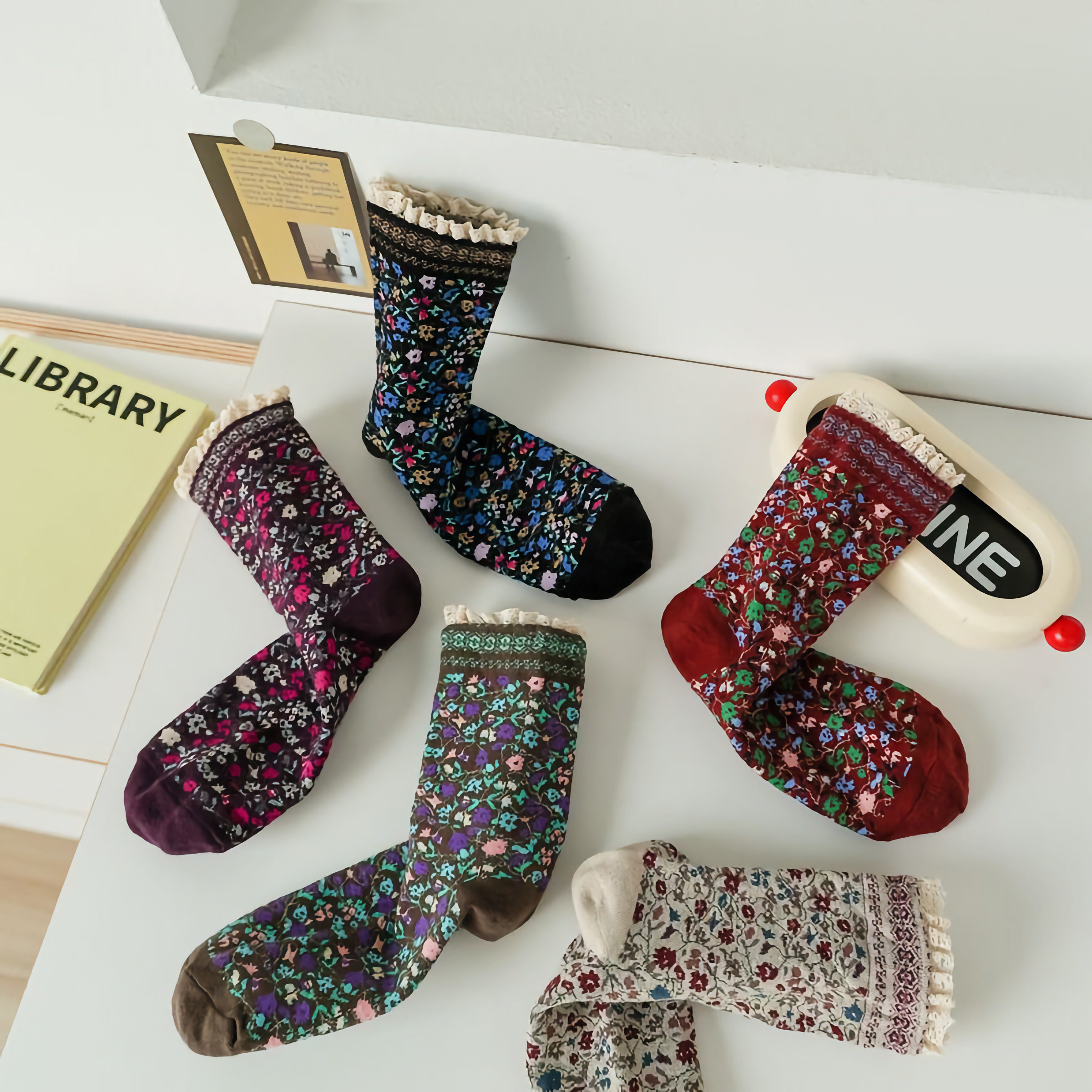 Lace-Trimmed Cotton Socks with Ditsy Floral Print | 3 Colours Available