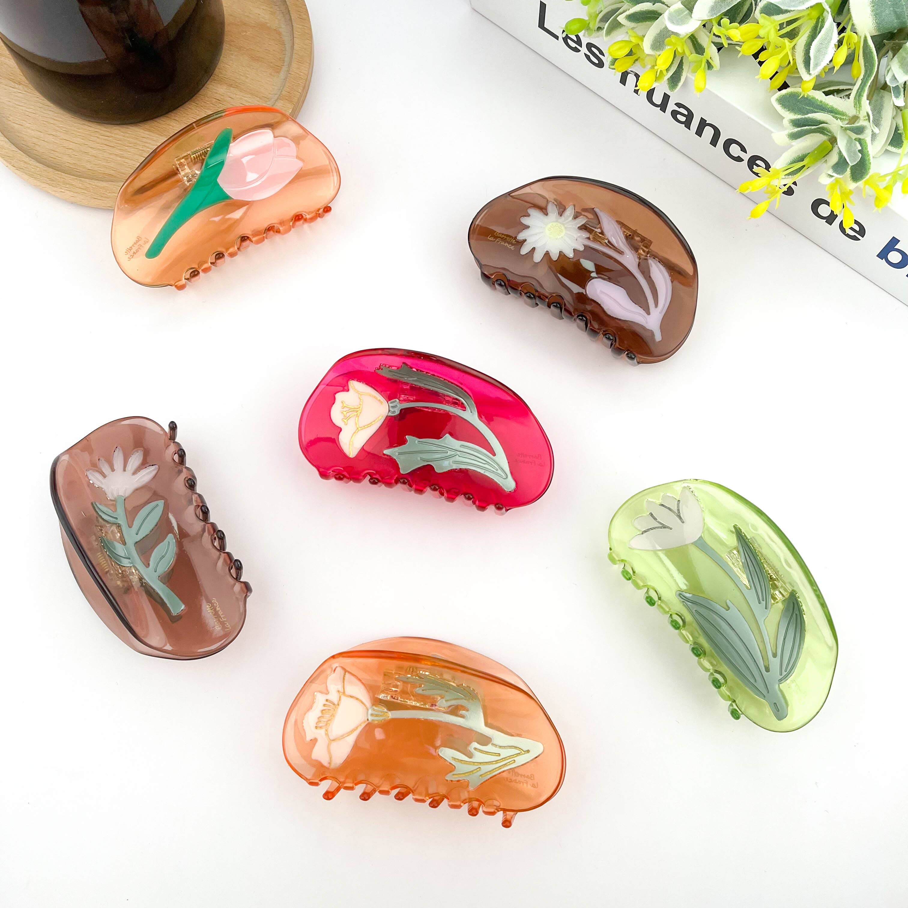 Semi-Circular Floral Hair Clip, Springtime Acetate Claw Clip