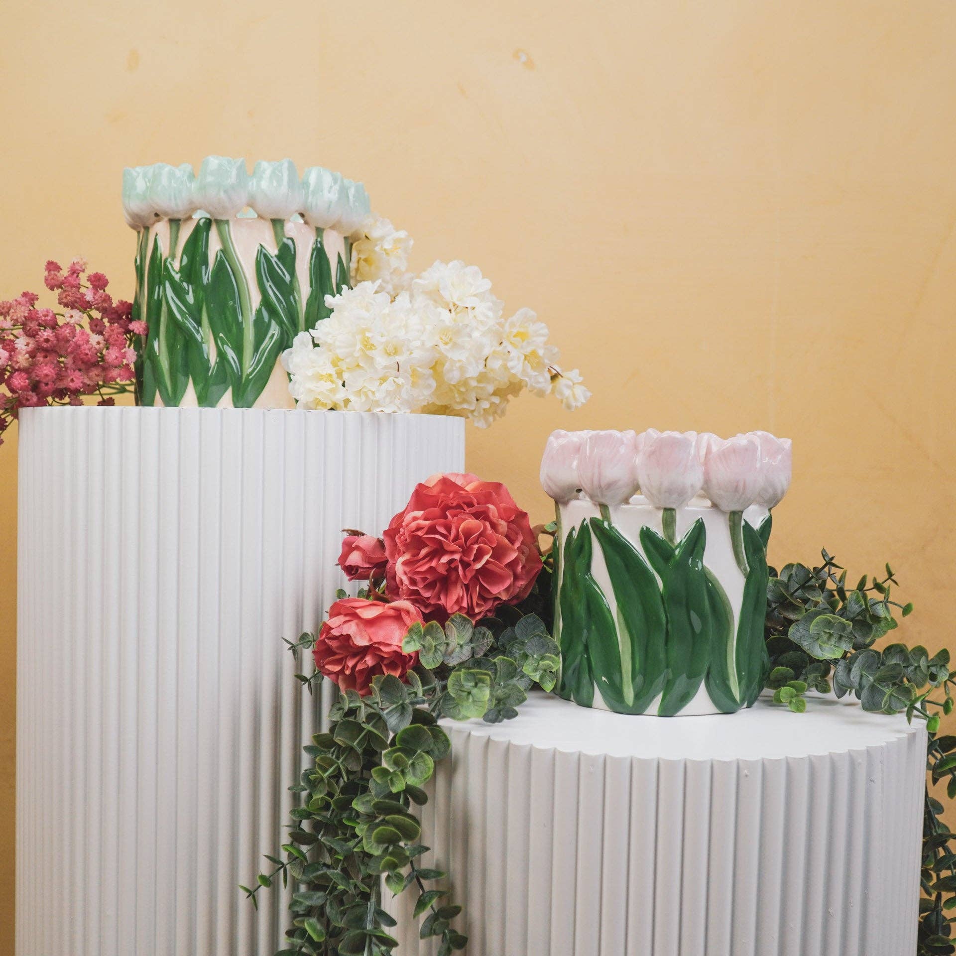 Tulips Vase | Light Pink & Green | Straight Sides