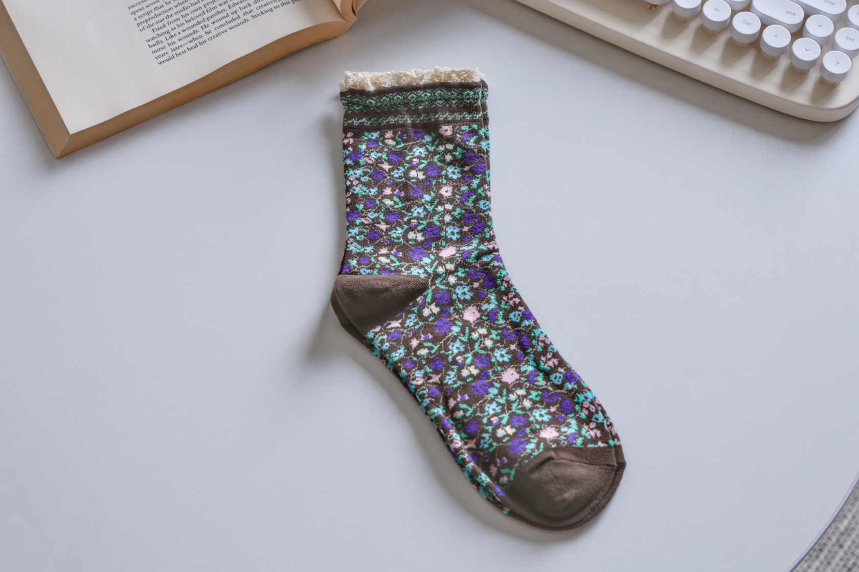 Lace-Trimmed Cotton Socks with Ditsy Floral Print | 3 Colours Available