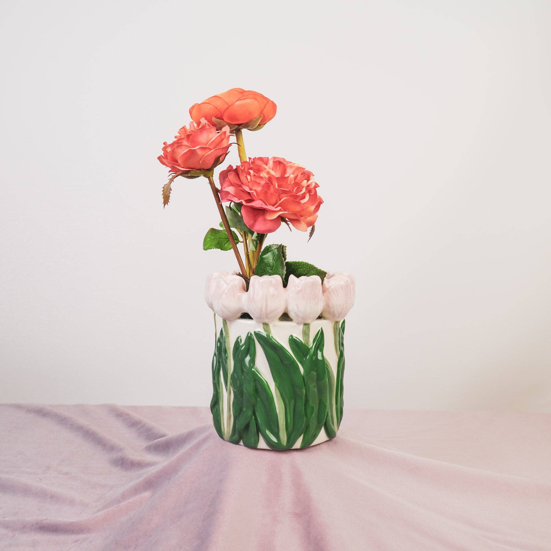 Tulips Vase | Light Pink & Green | Straight Sides