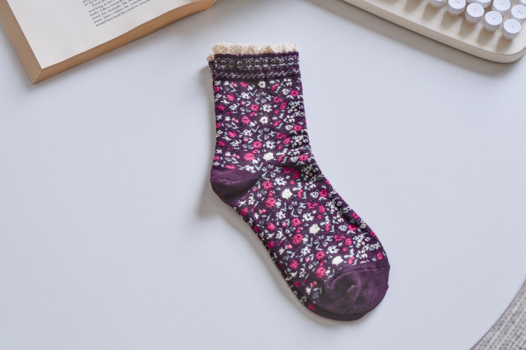 Lace-Trimmed Cotton Socks with Ditsy Floral Print | 3 Colours Available