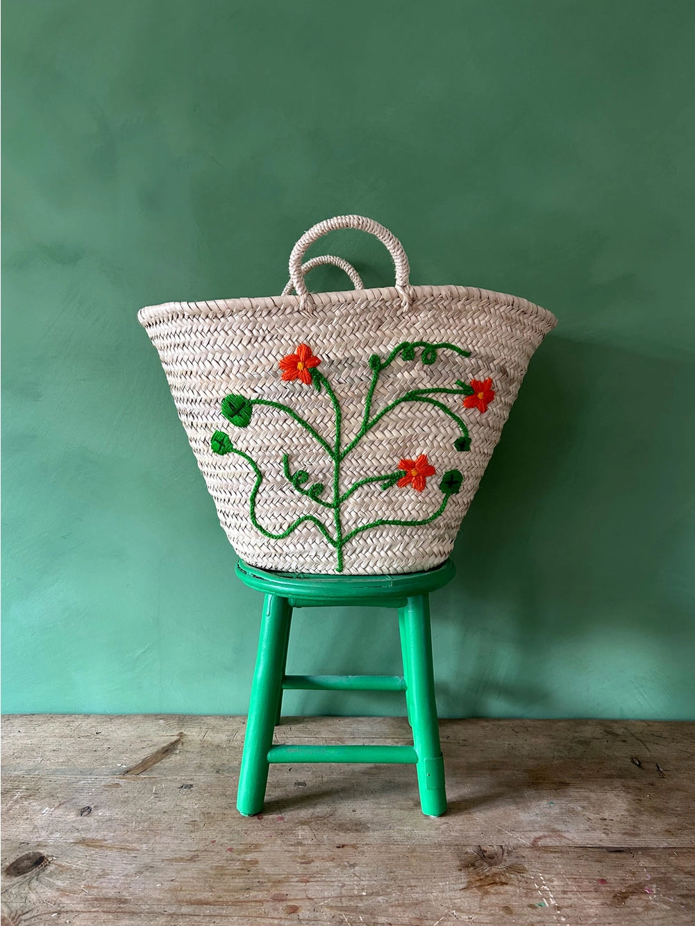 Hand Embroidered Market Basket | Nasturtium