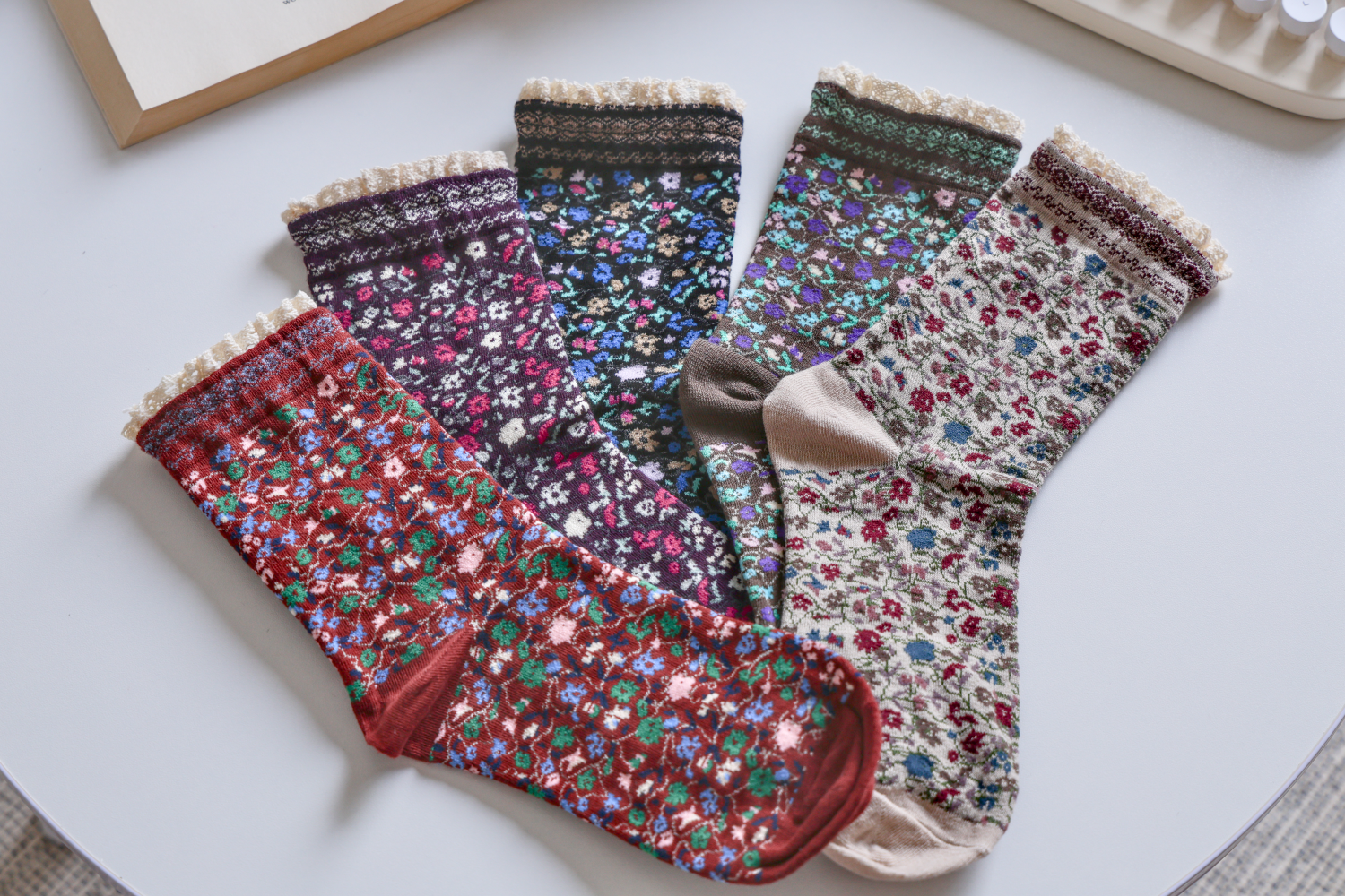 Lace-Trimmed Cotton Socks with Ditsy Floral Print | 3 Colours Available