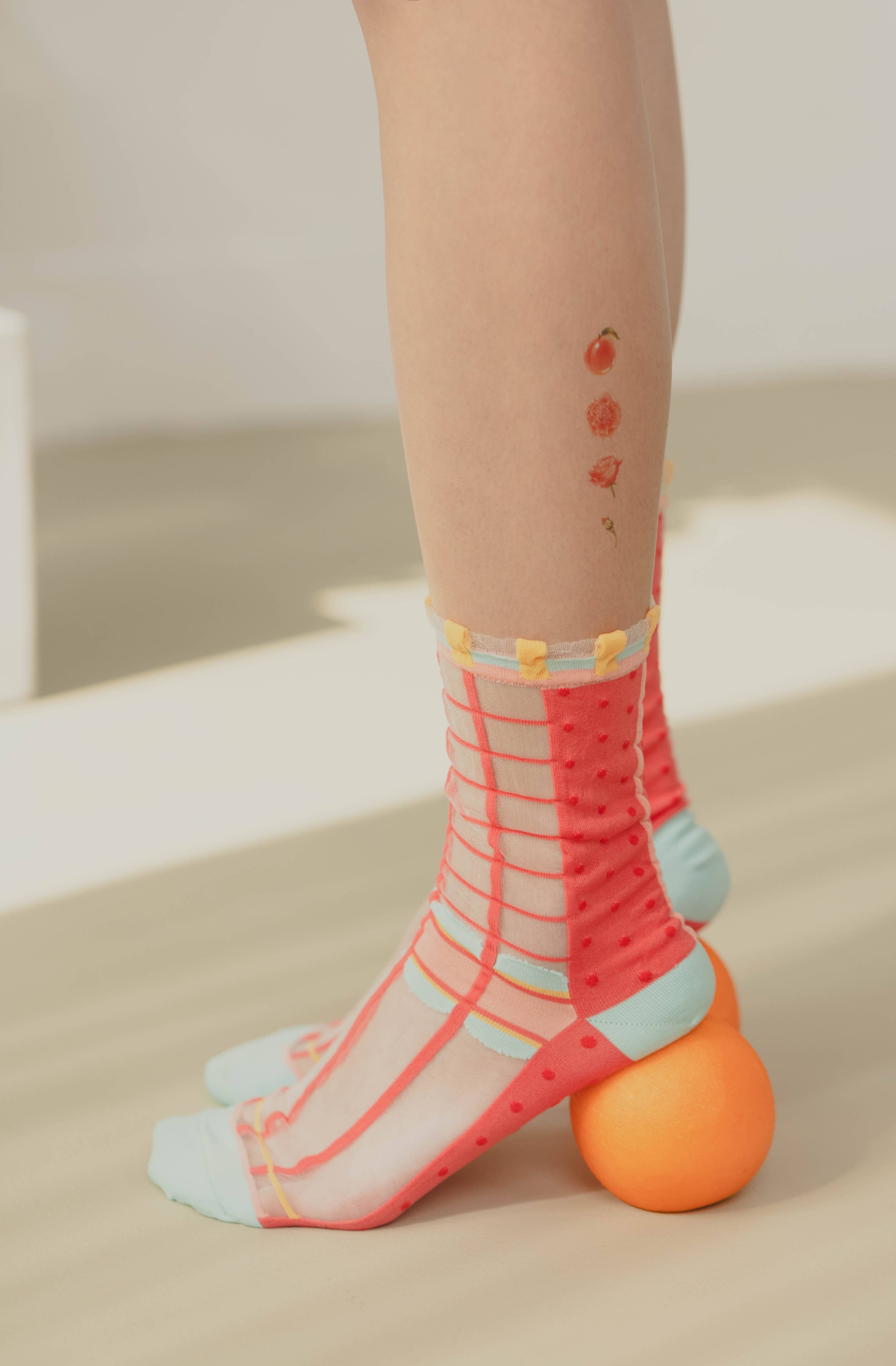 Grids with Polka Dots Sheer Socks | Watermelon Pink