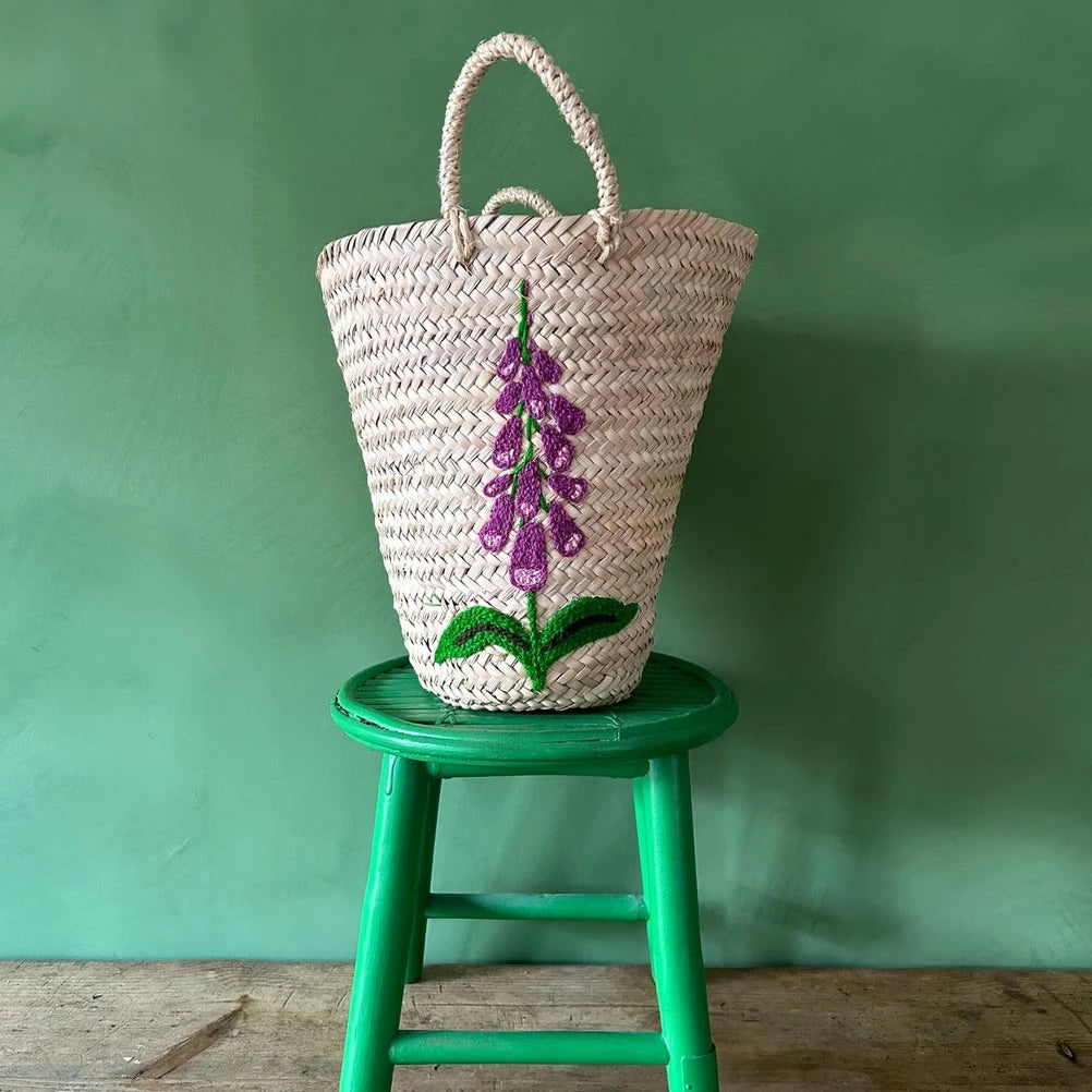 Hand Embroidered Bucket Basket | Foxglove