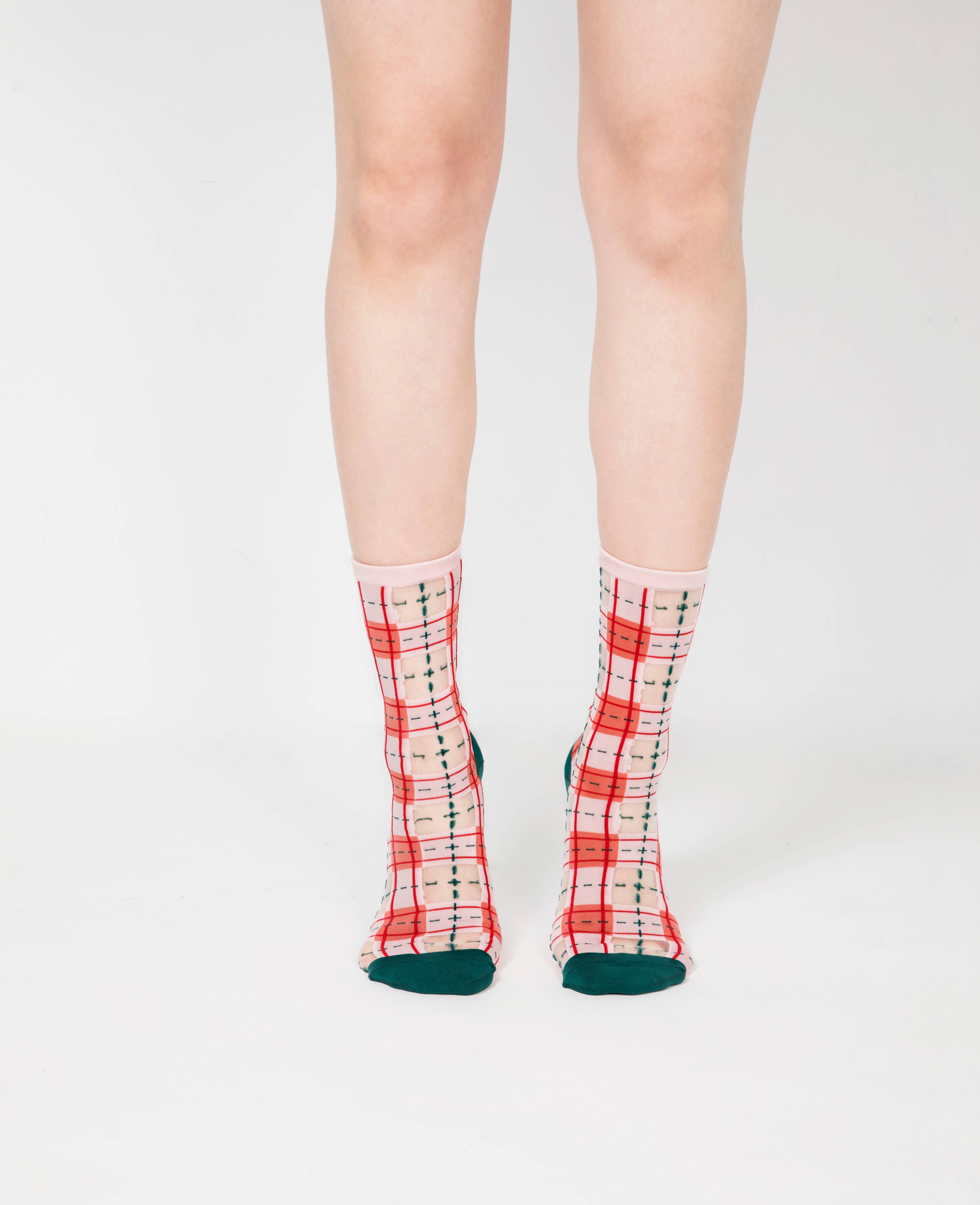 Tartan Sheer Socks | Pink and Peach