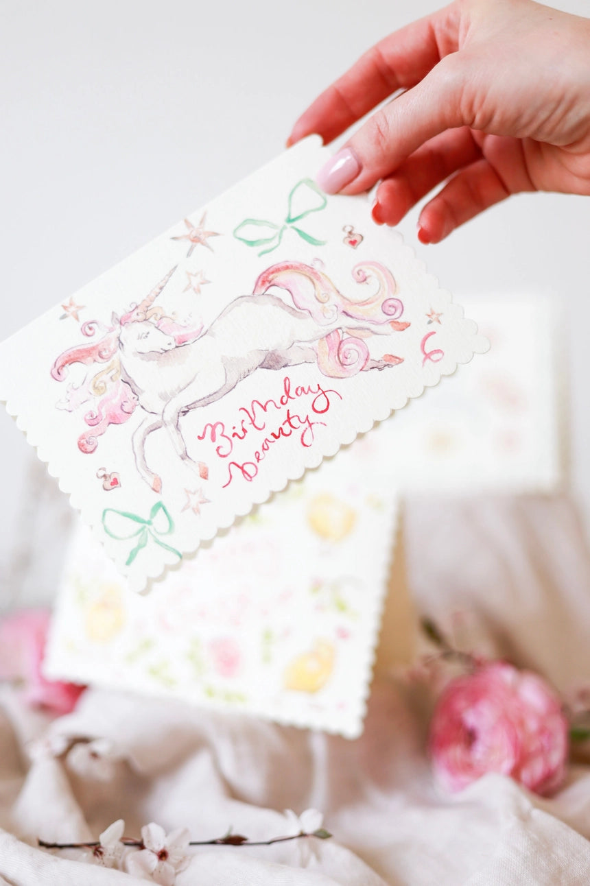 'Birthday Beauty' Unicorn Scalloped Greetings Card