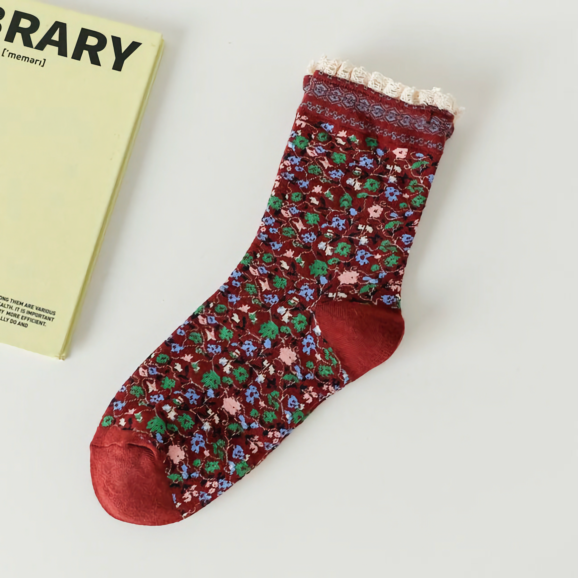 Lace-Trimmed Cotton Socks with Ditsy Floral Print | 3 Colours Available