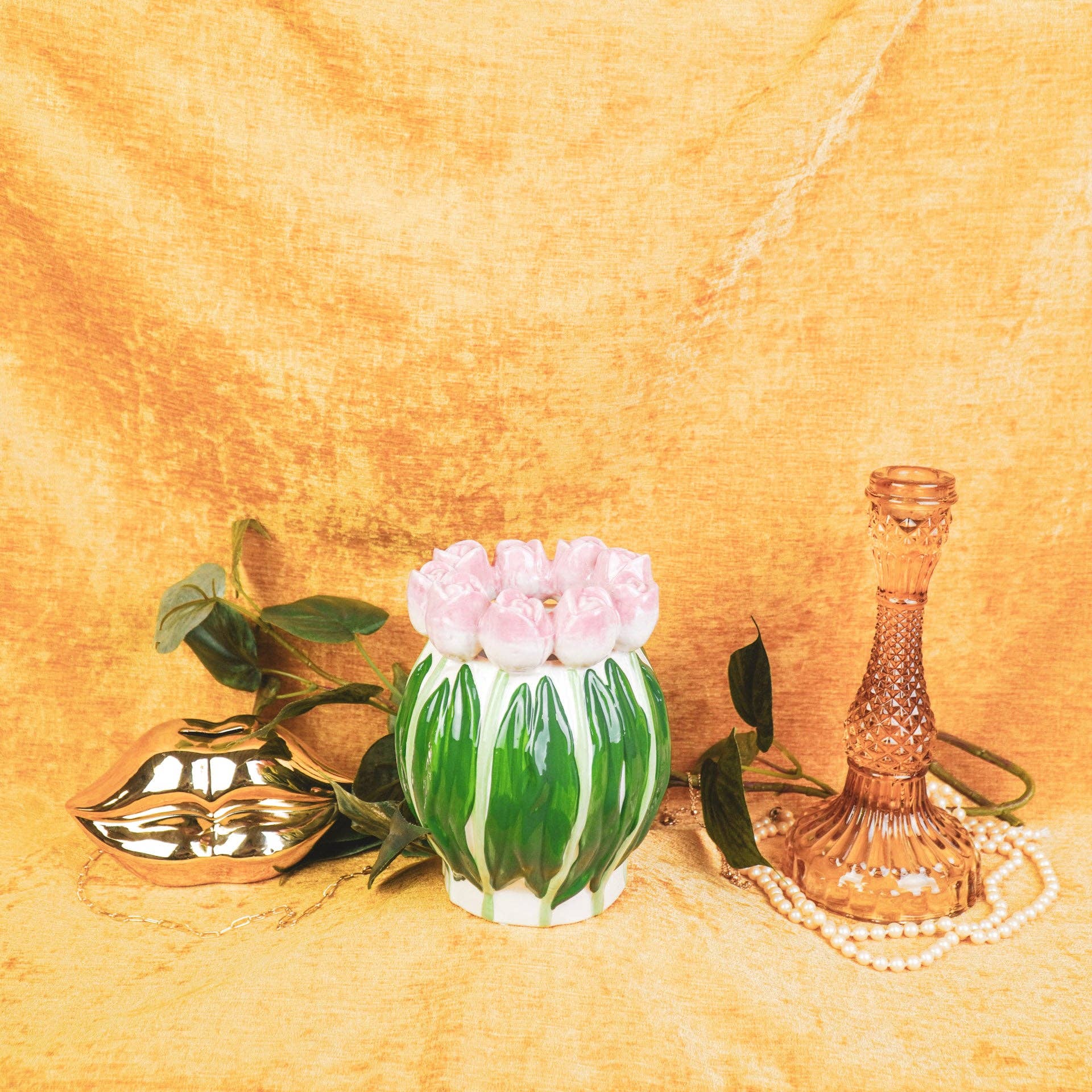 Tulips Vase | Light Pink & Green | Round