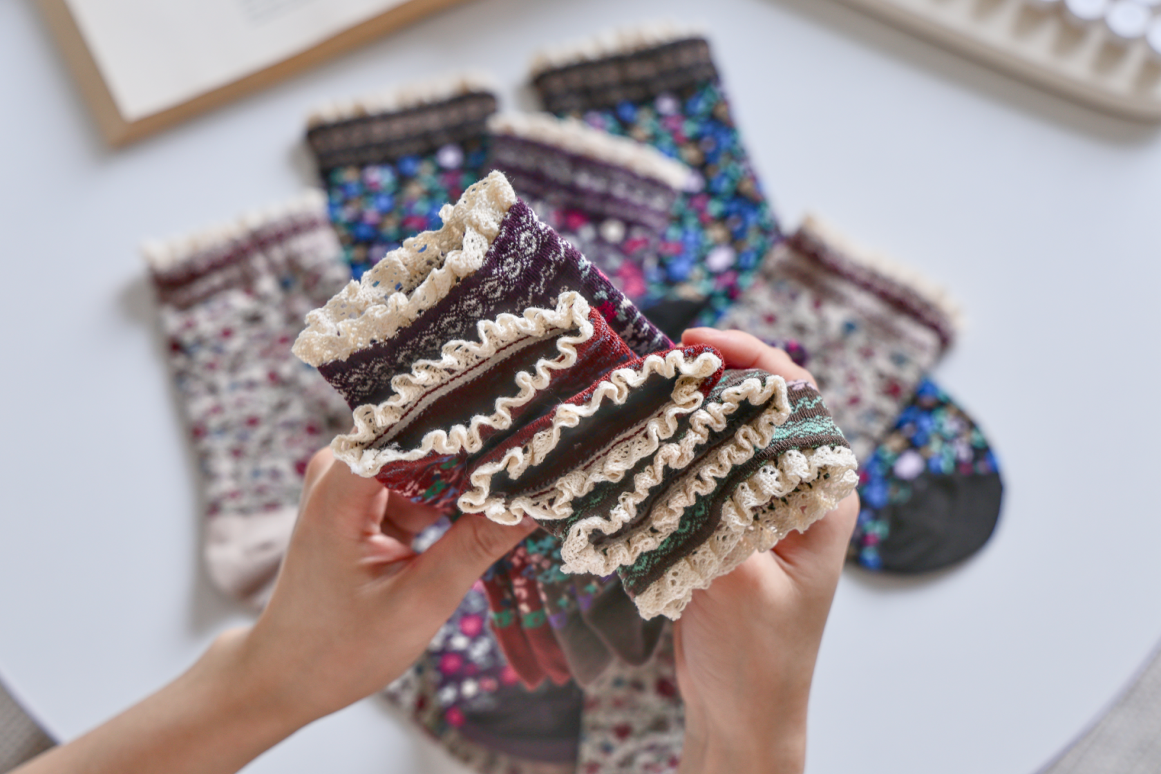 Lace-Trimmed Cotton Socks with Ditsy Floral Print | 3 Colours Available