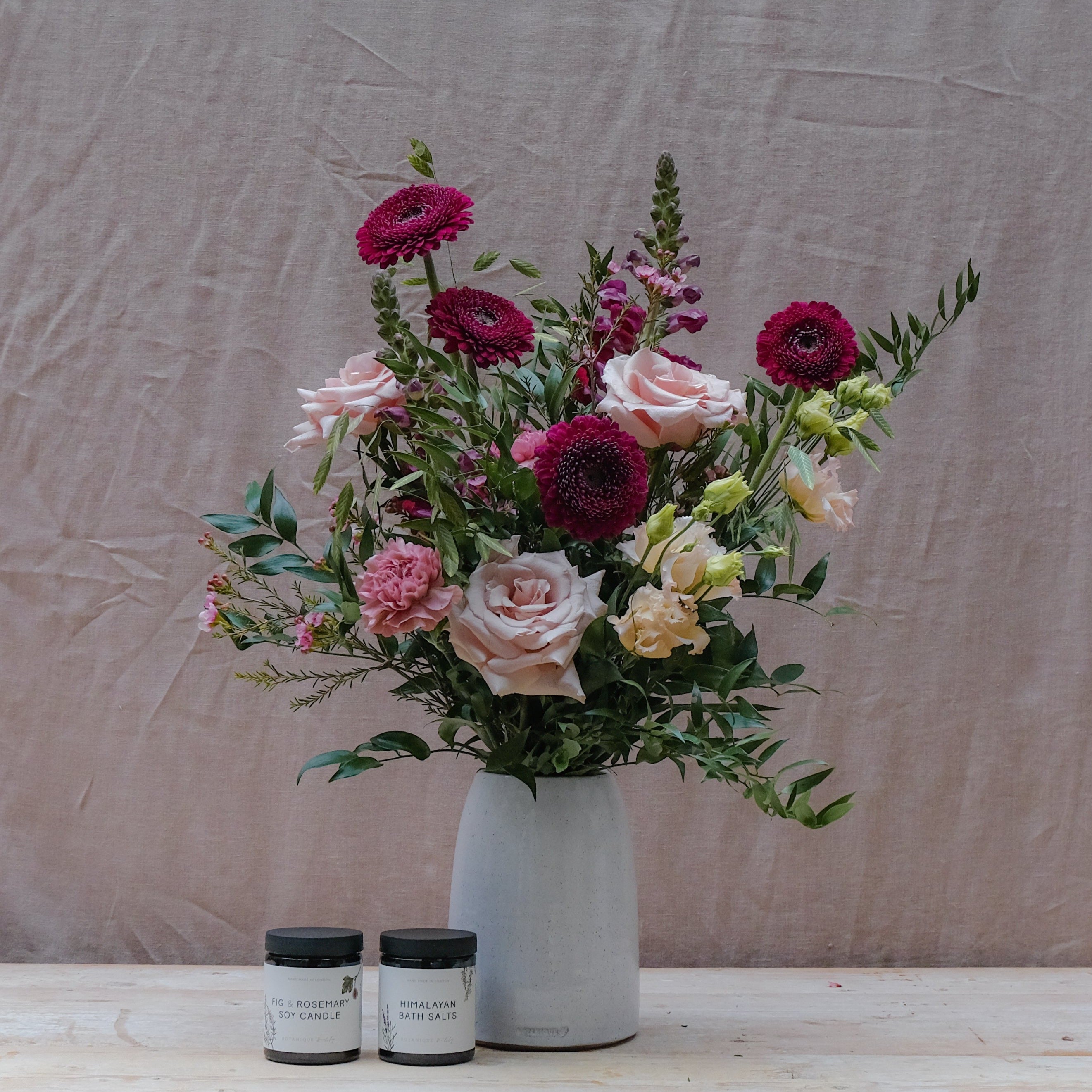 romantic bouquet with burgundy and pink flowers