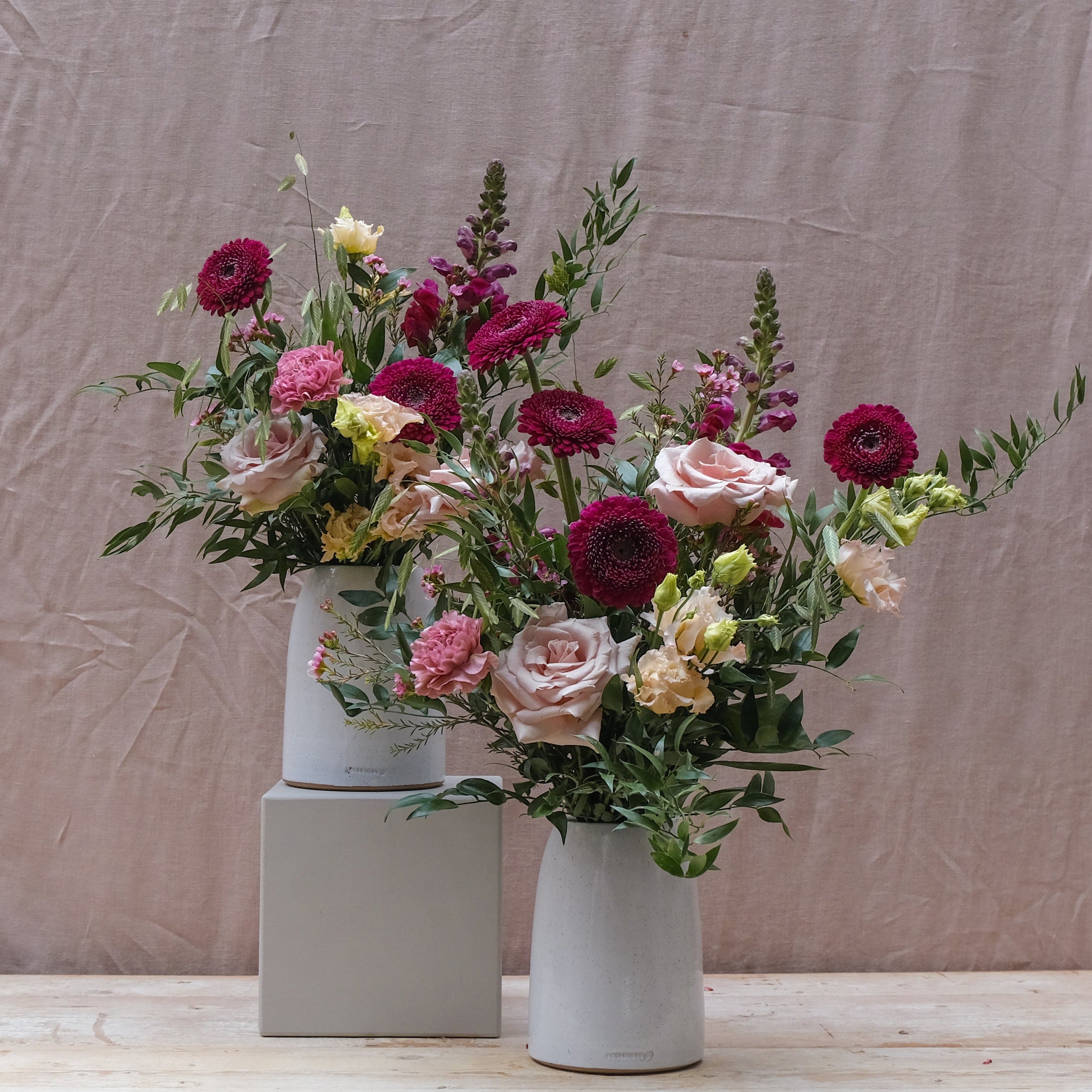 romantic bouquet with burgundy and pink flowers