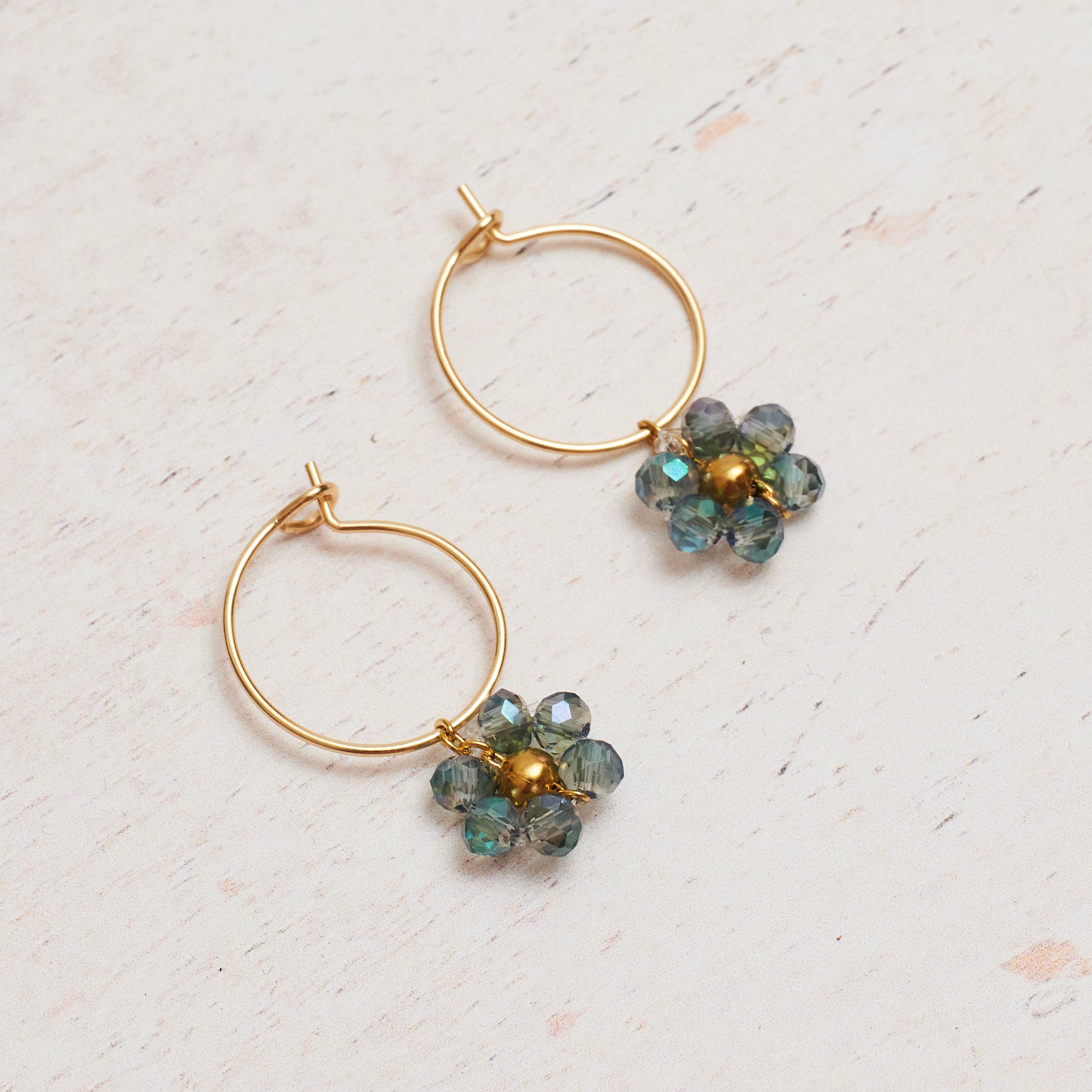 Gold Plated Hoop Earring with Beaded Daisies in Teal
