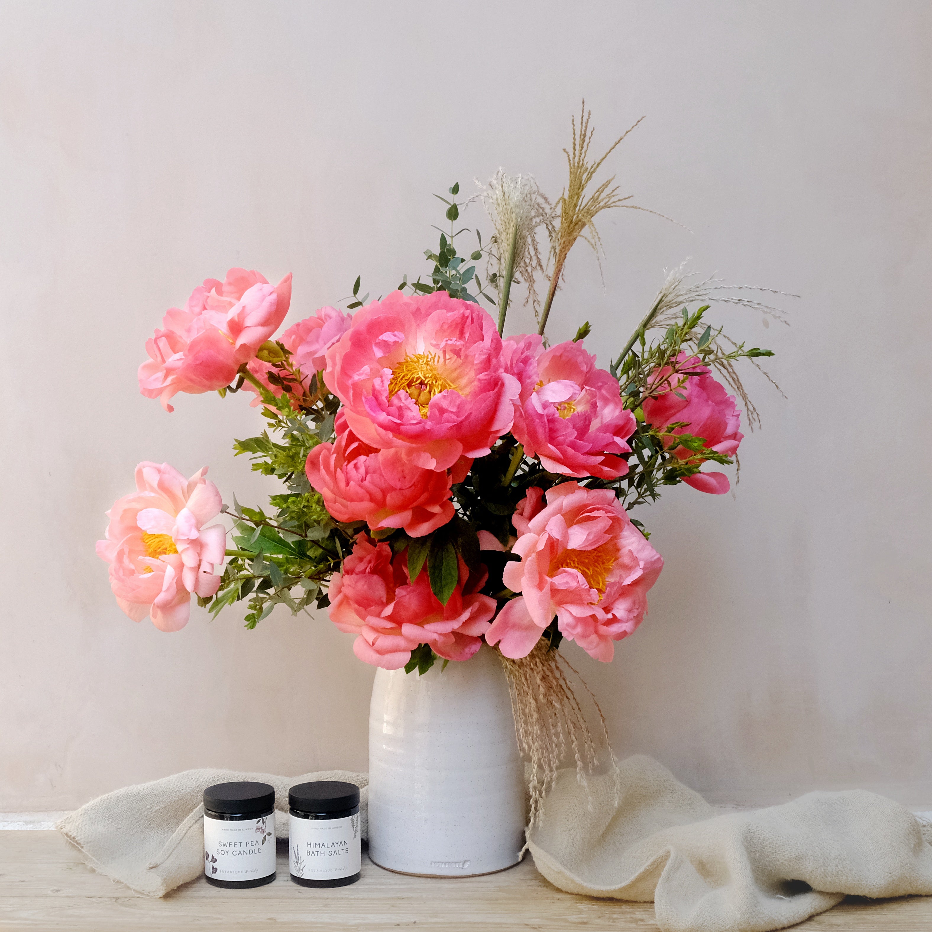 pink peony fresh flowers bouquet gift set with candle and himalayan bath salts