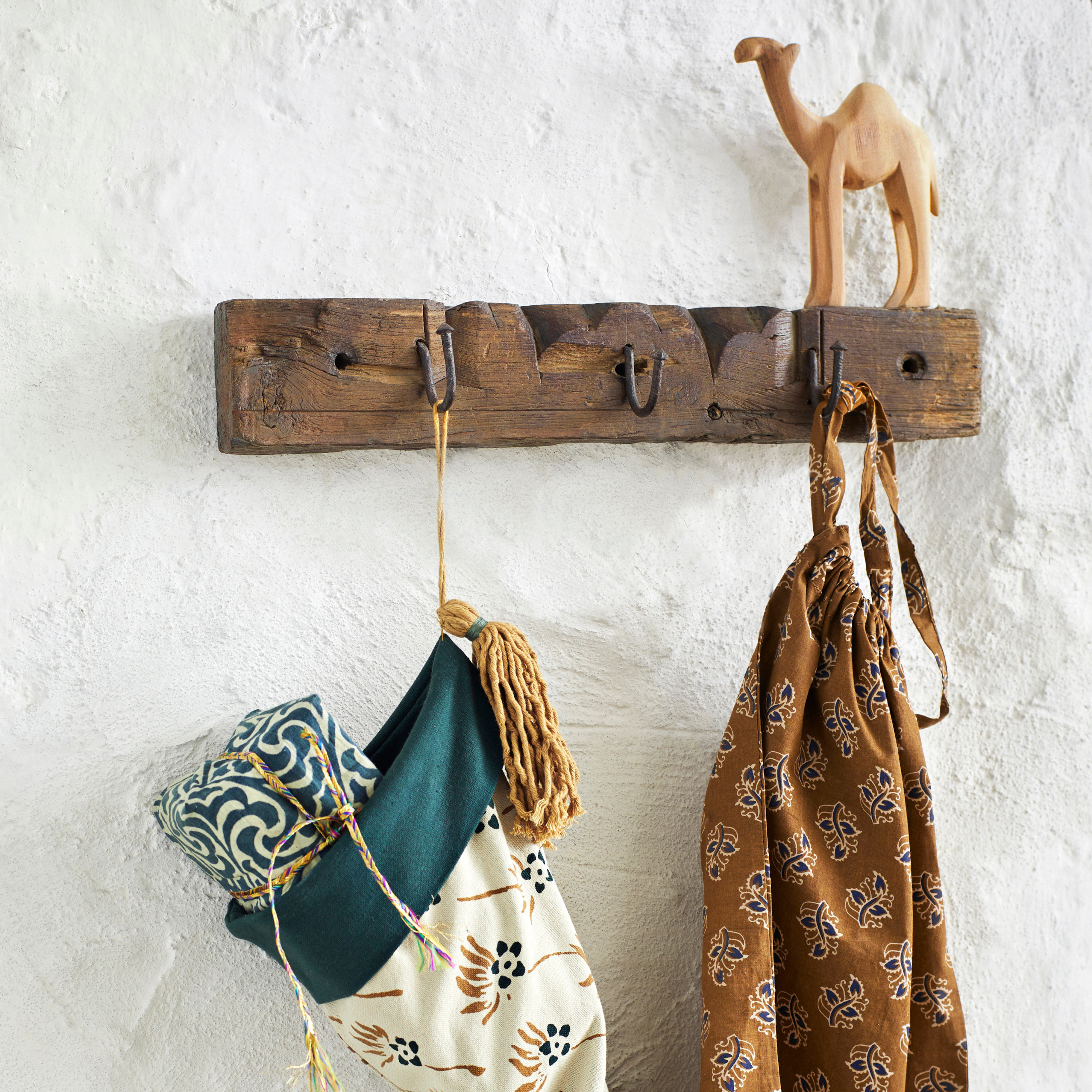 Wooden Coat Rack with Carvings