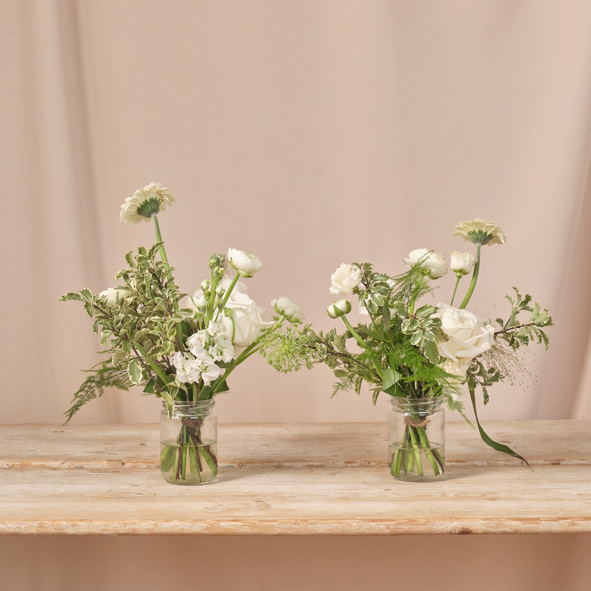 Whimsical Whites Jam Jar Arrangements