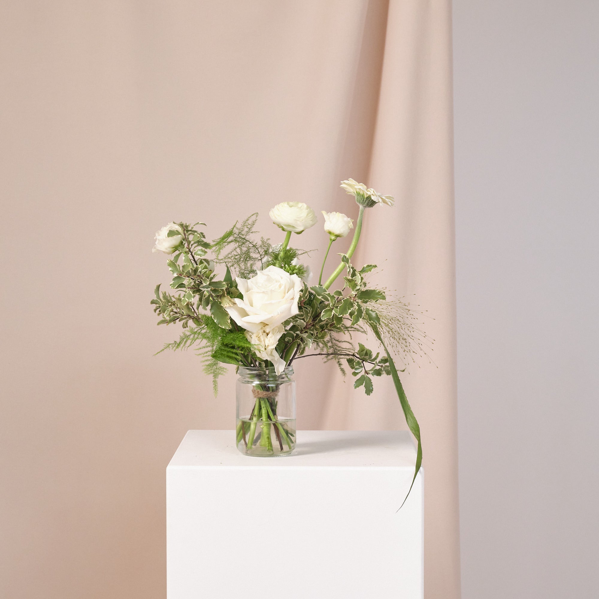 Whimsical Whites Jam Jar Arrangements