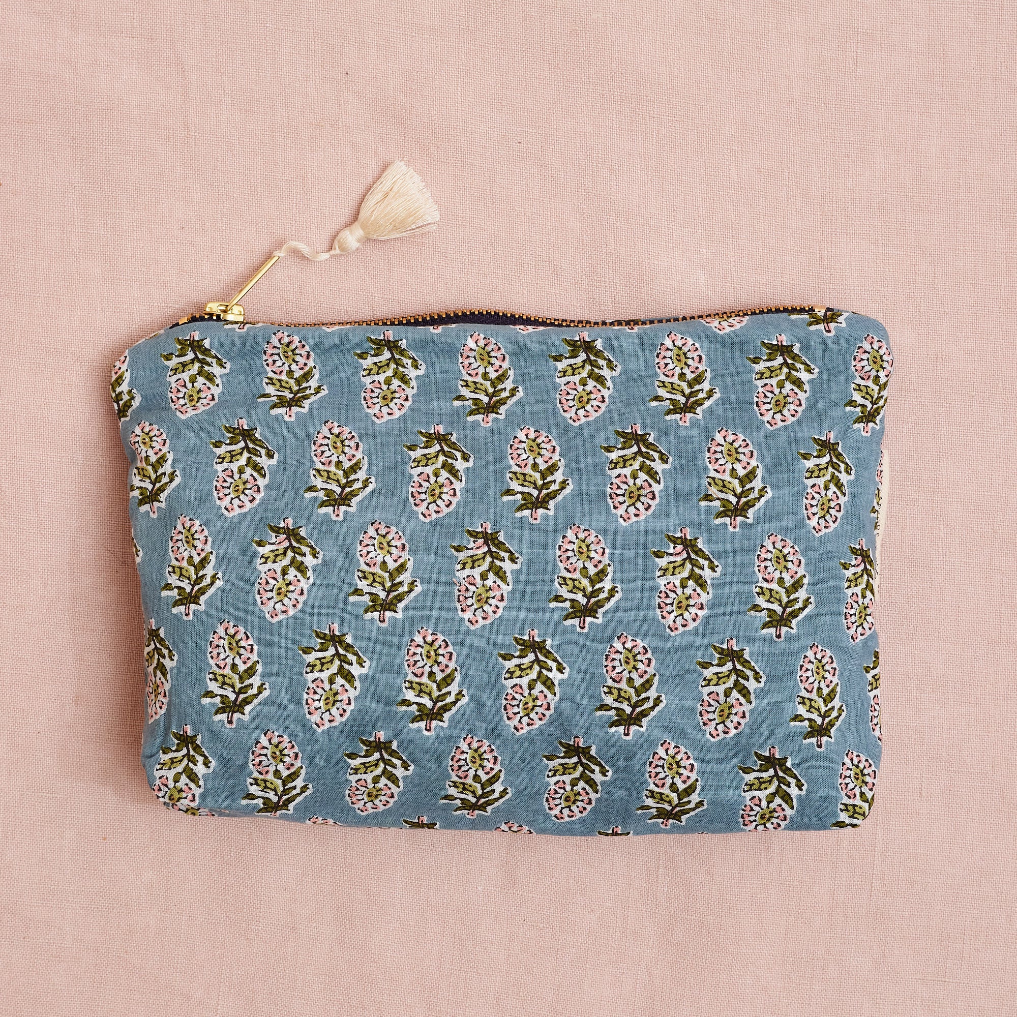 Block Printed Zip Pouch: Blue Floral Print, two sizes available