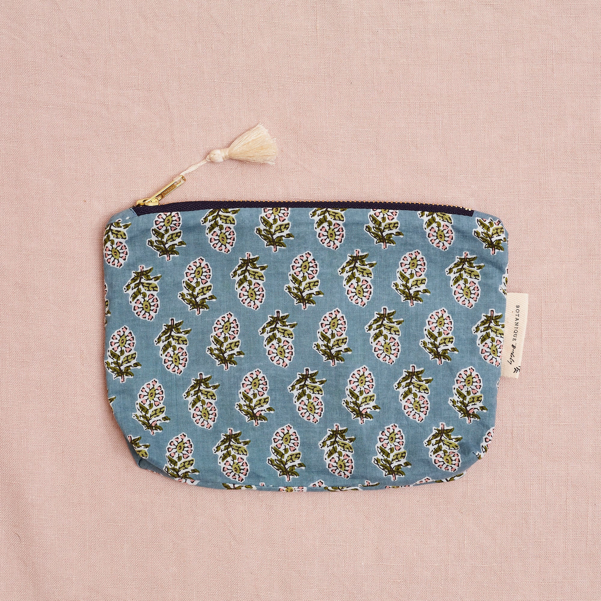 Block Printed Zip Pouch: Blue Floral Print, two sizes available