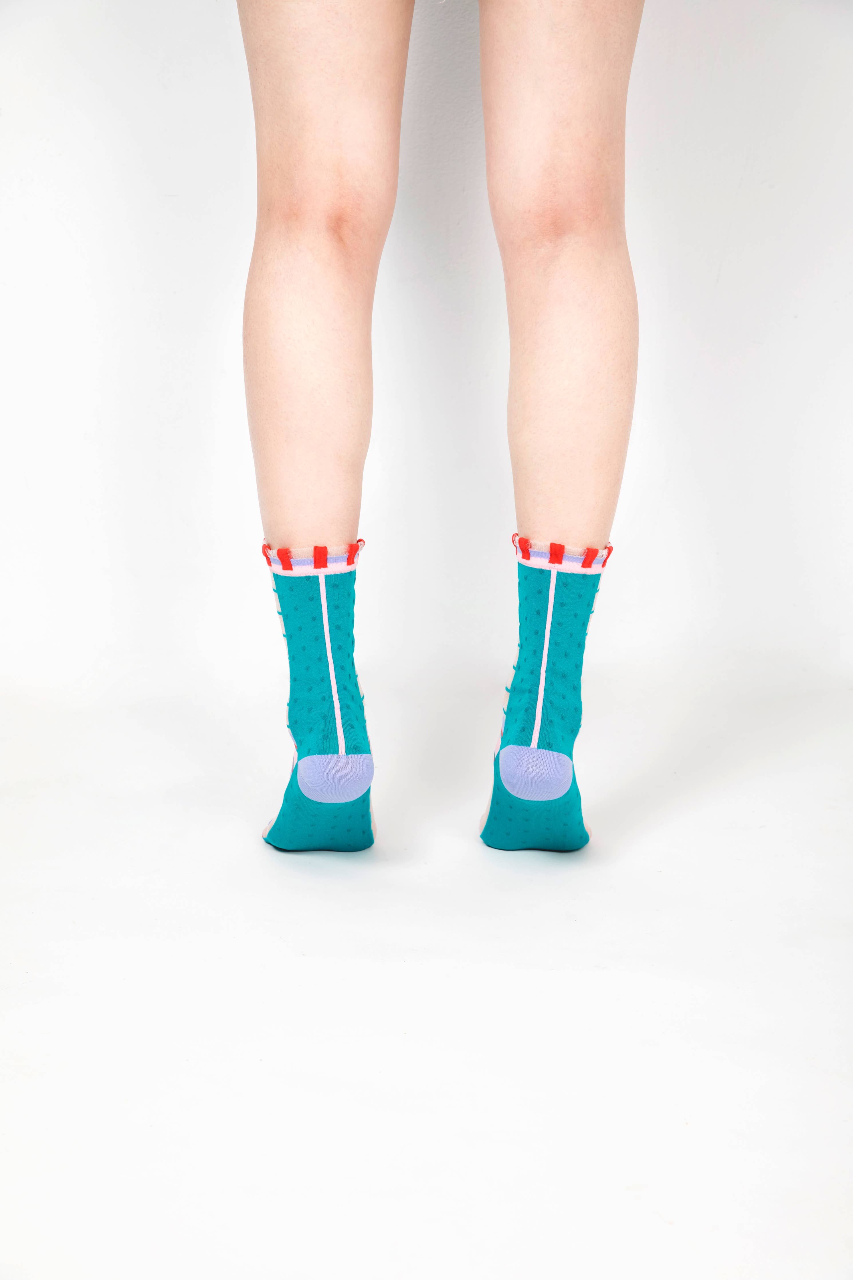 Grids with Polka Dots Sheer Socks | Teal green