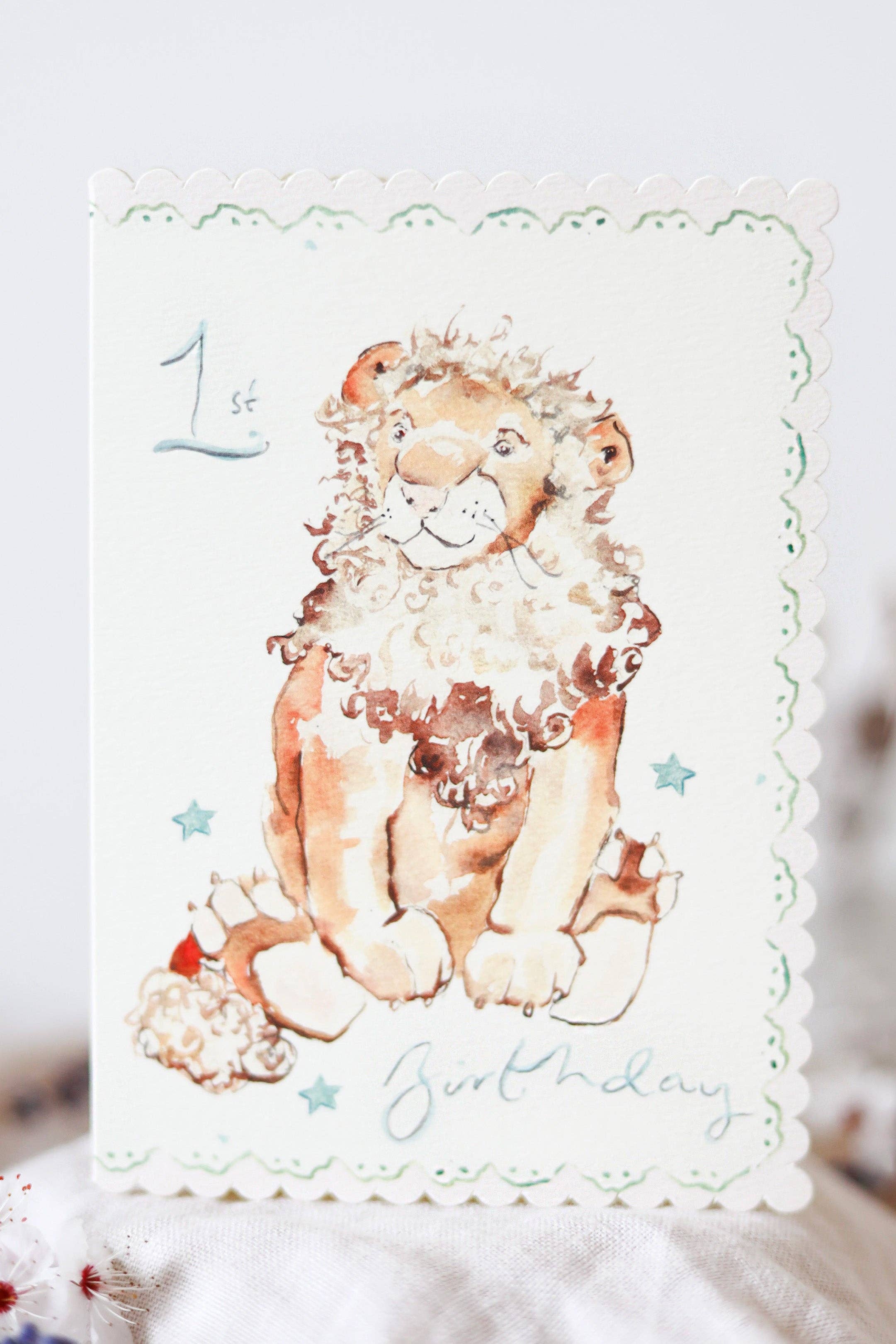 1st Birthday Lion - scalloped edge card
