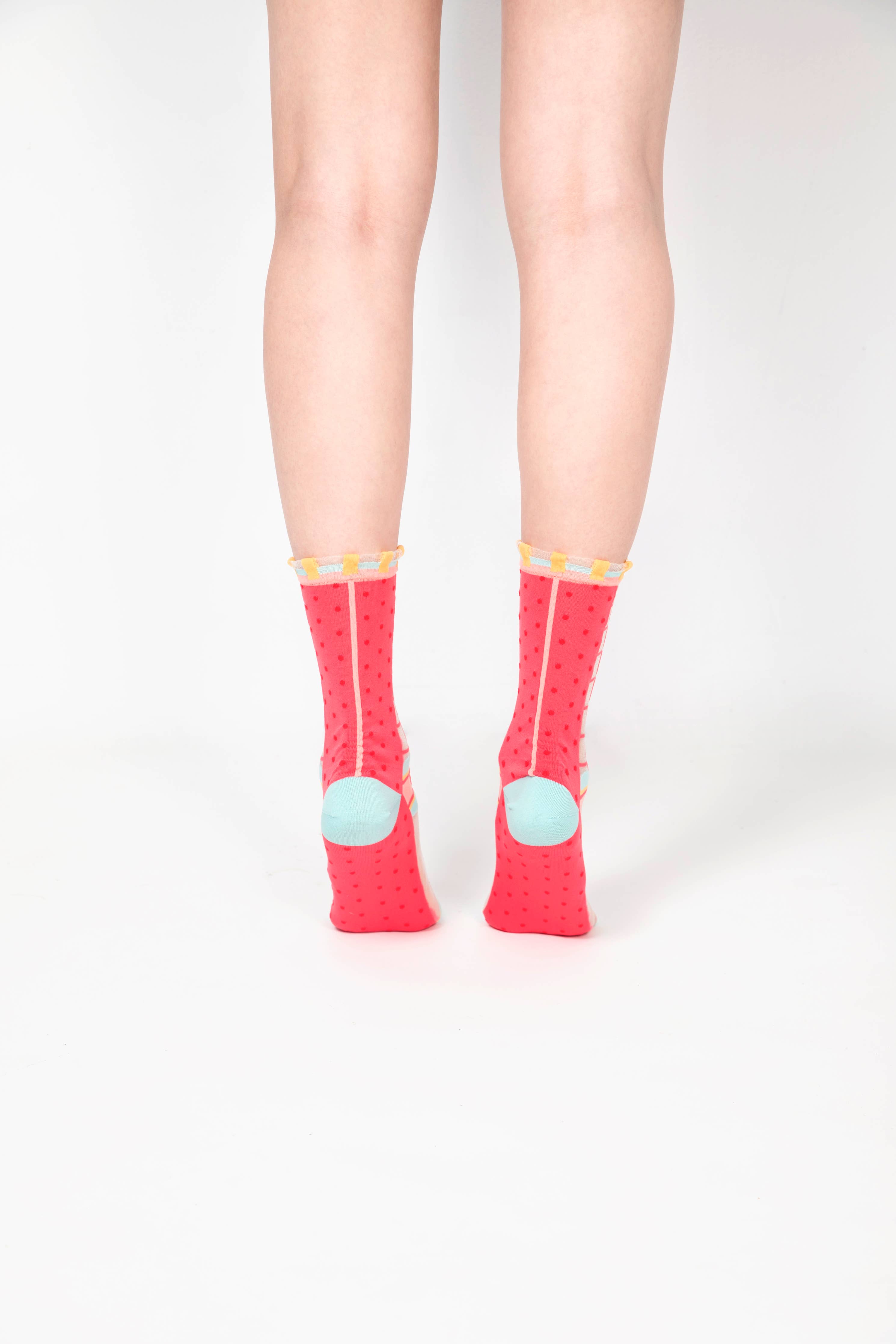 Grids with Polka Dots Sheer Socks | Watermelon Pink
