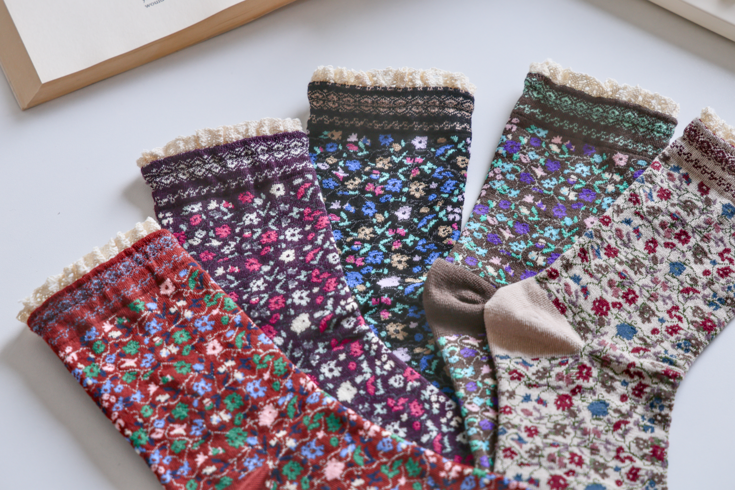 Lace-Trimmed Cotton Socks with Ditsy Floral Print | 3 Colours Available