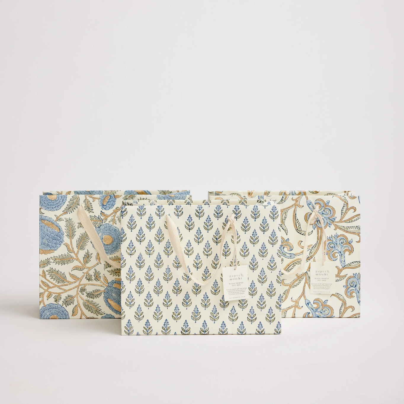 Block Printed Gift Bags | 3 Blue Designs & 3 Sizes Available