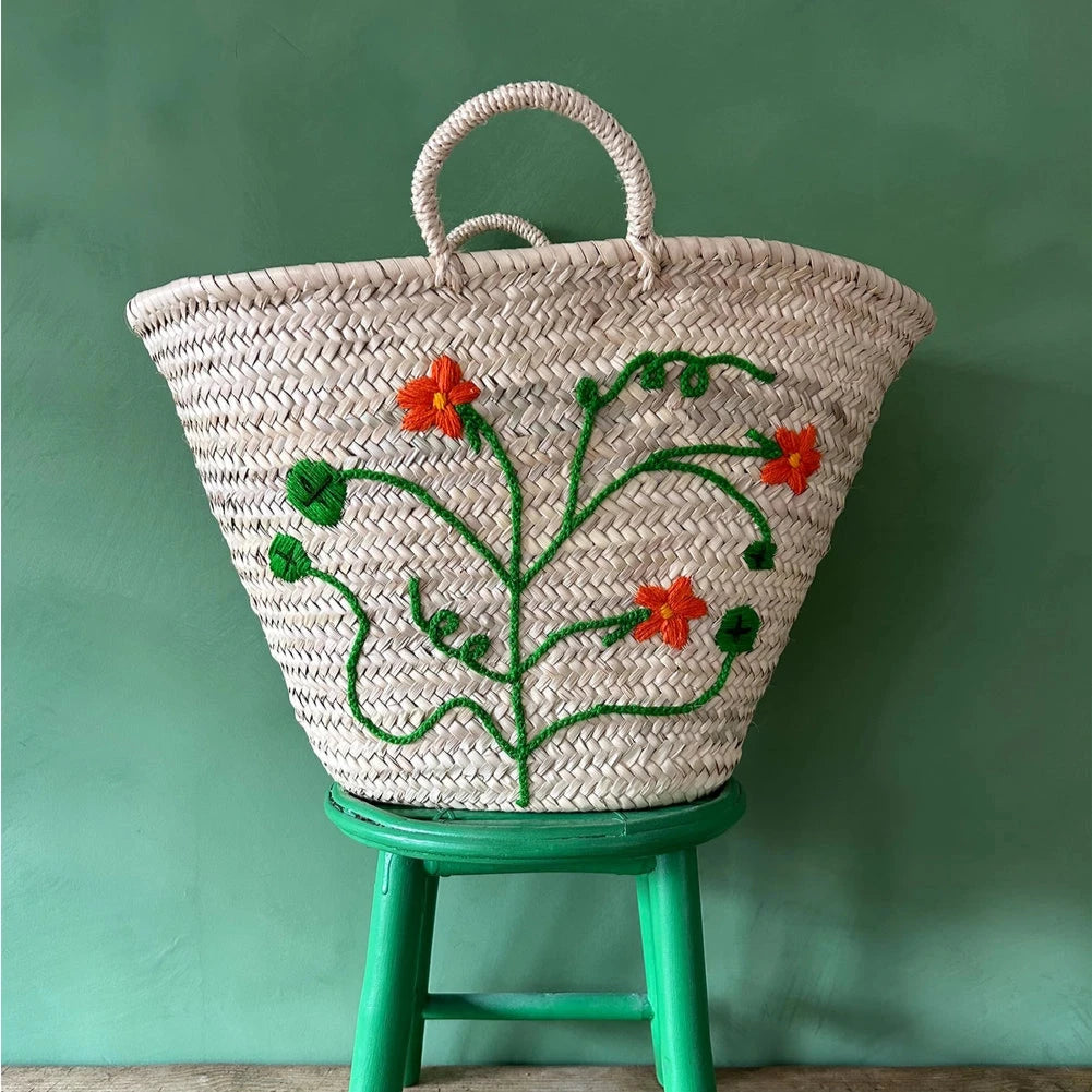 Hand Embroidered Market Basket | Nasturtium