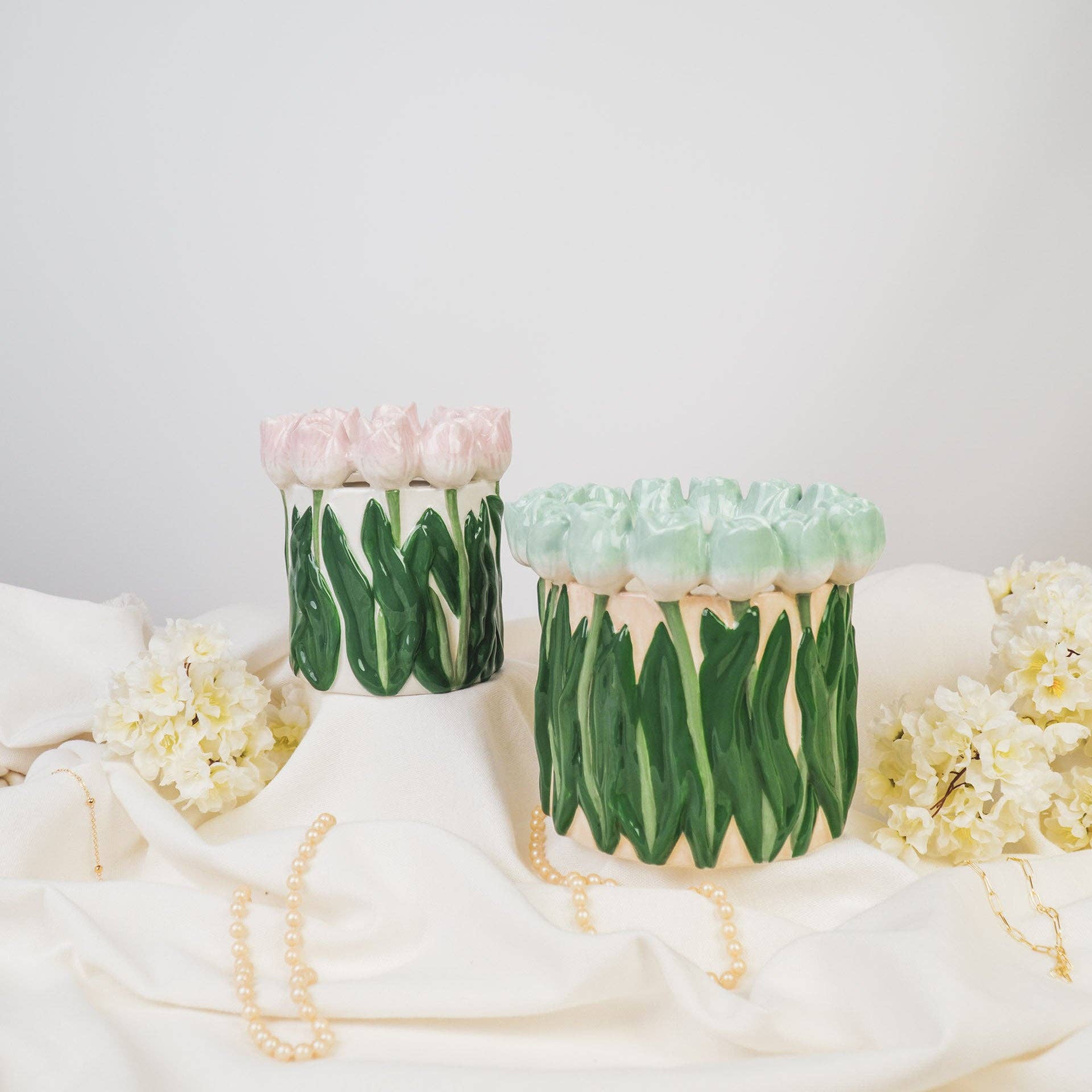Tulips Vase | Light Pink & Green | Straight Sides