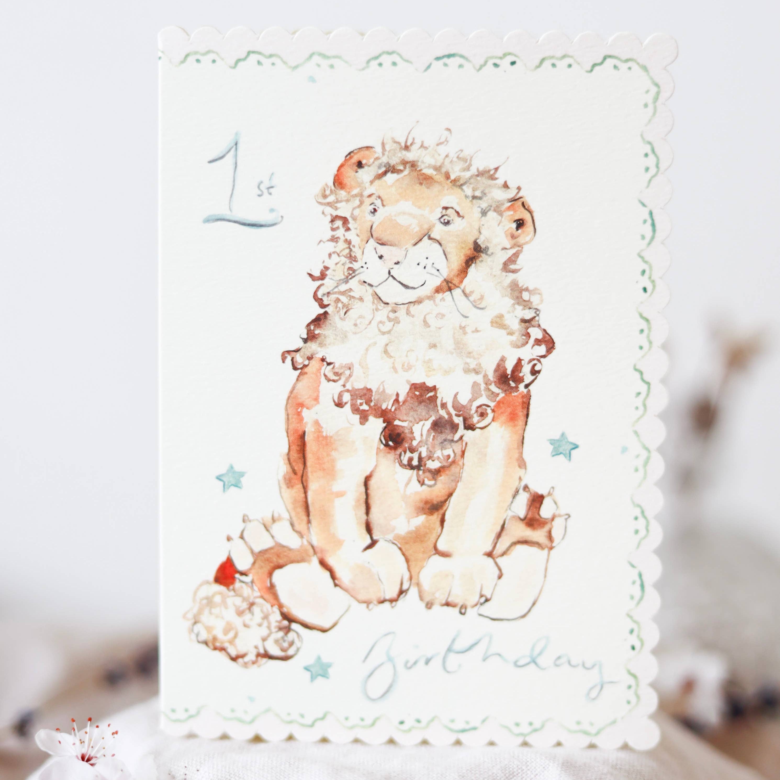 1st Birthday Lion - scalloped edge card