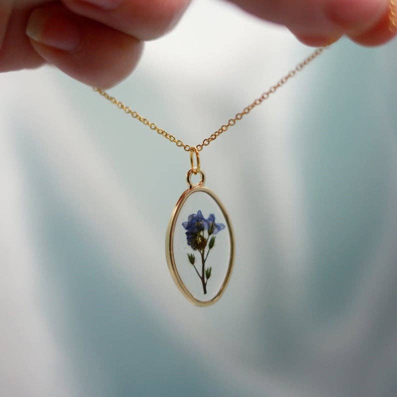 Forget Me Not Framed Pressed Flower Resin Necklace