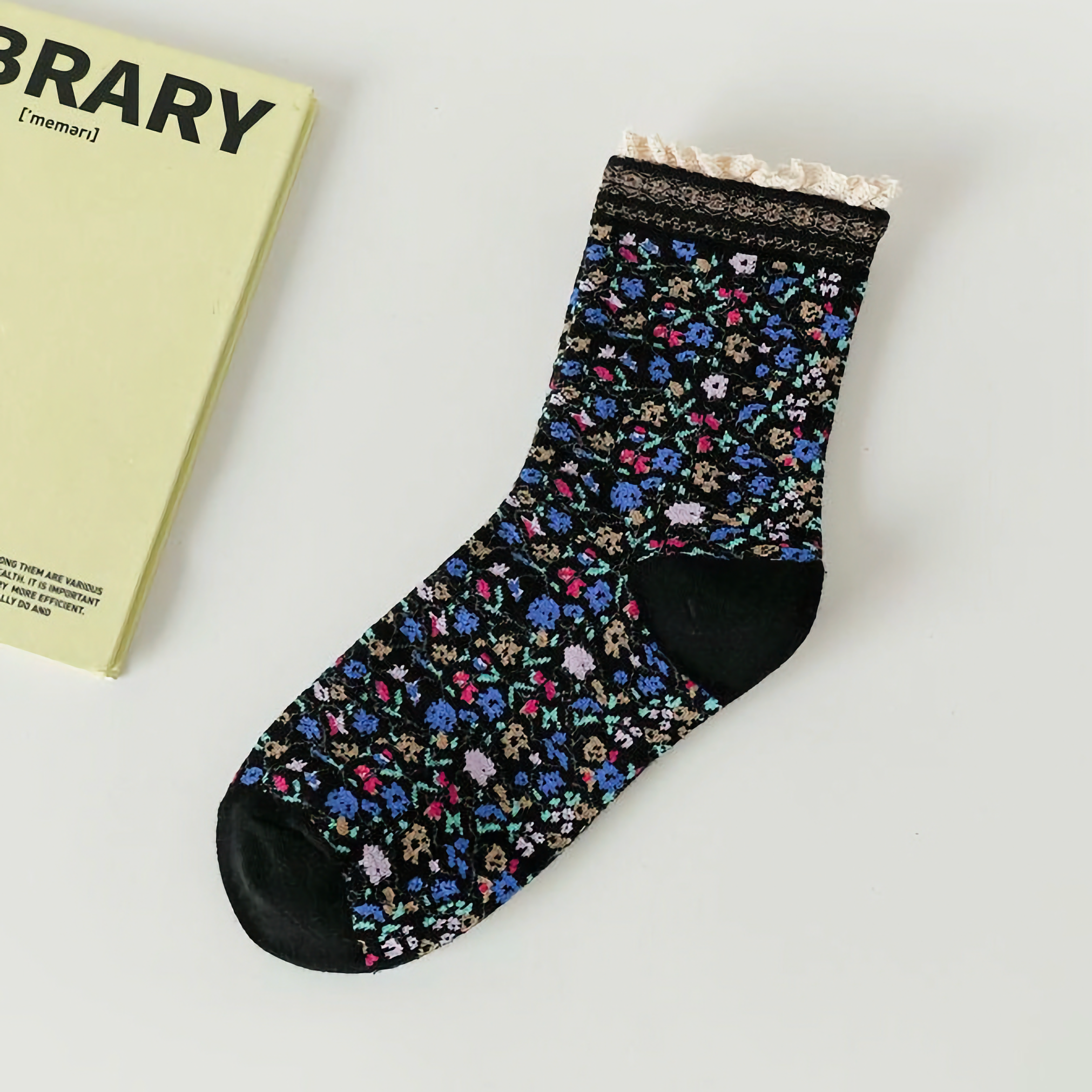 Lace-Trimmed Cotton Socks with Ditsy Floral Print | 3 Colours Available