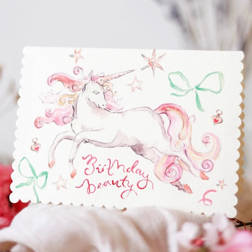 'Birthday Beauty' Unicorn Scalloped Greetings Card