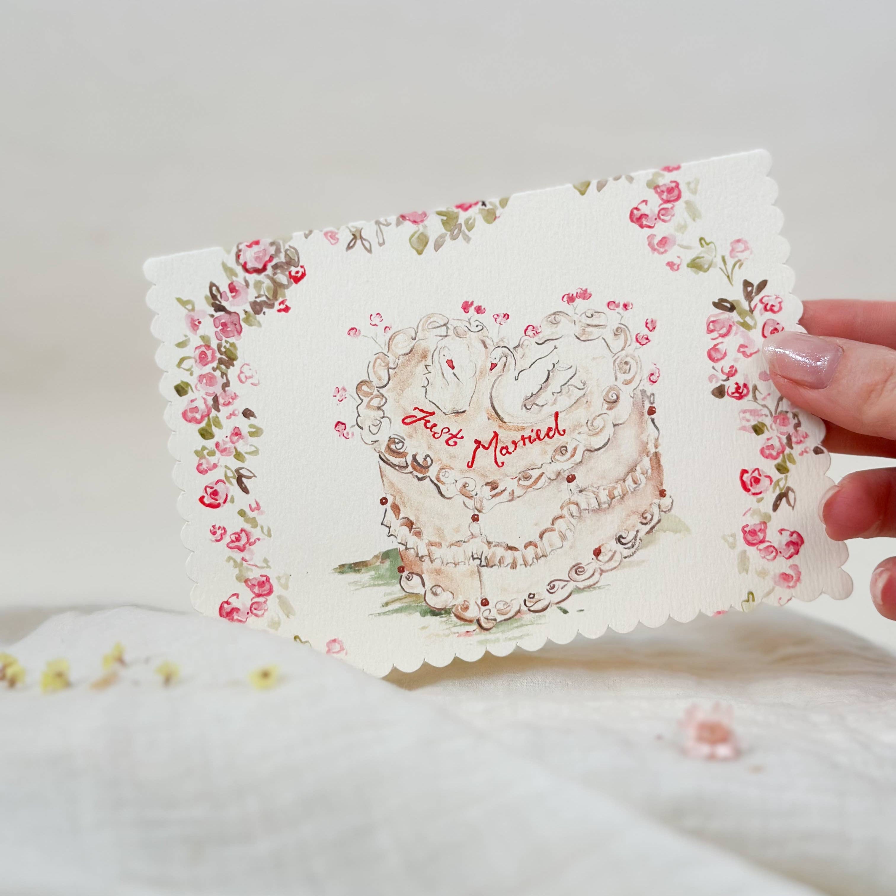 Just Married Swans Scalloped Edge Card