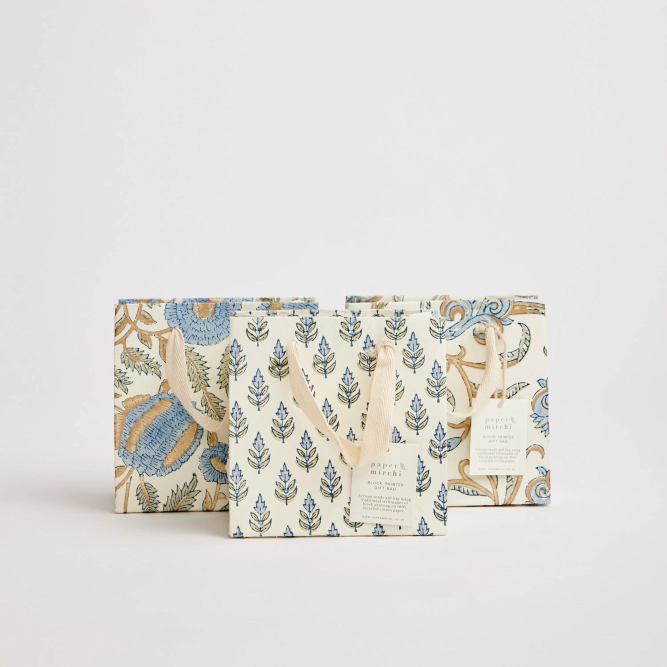 Block Printed Gift Bags | 3 Blue Designs & 3 Sizes Available