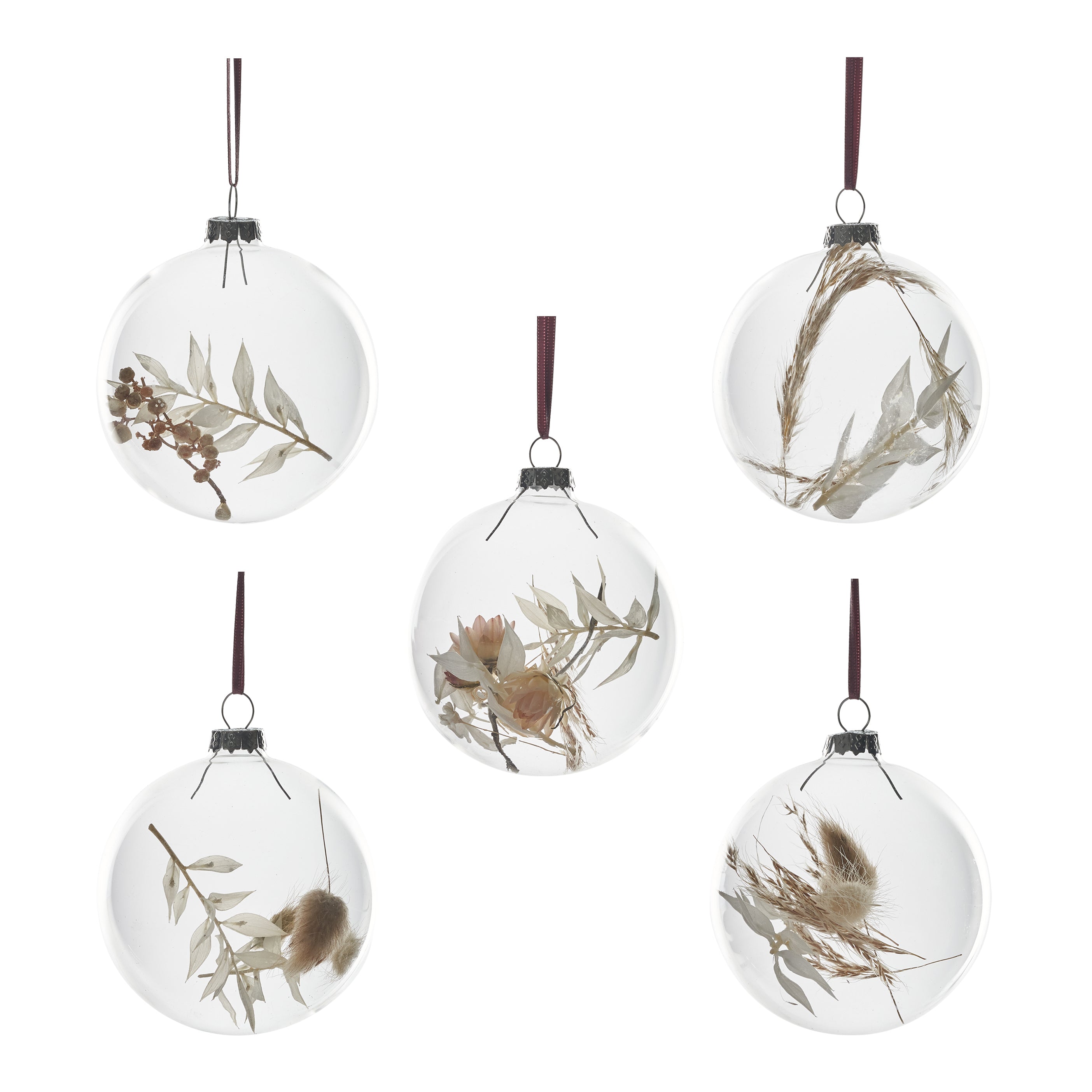 Set of 5 Dried flower Baubles: White