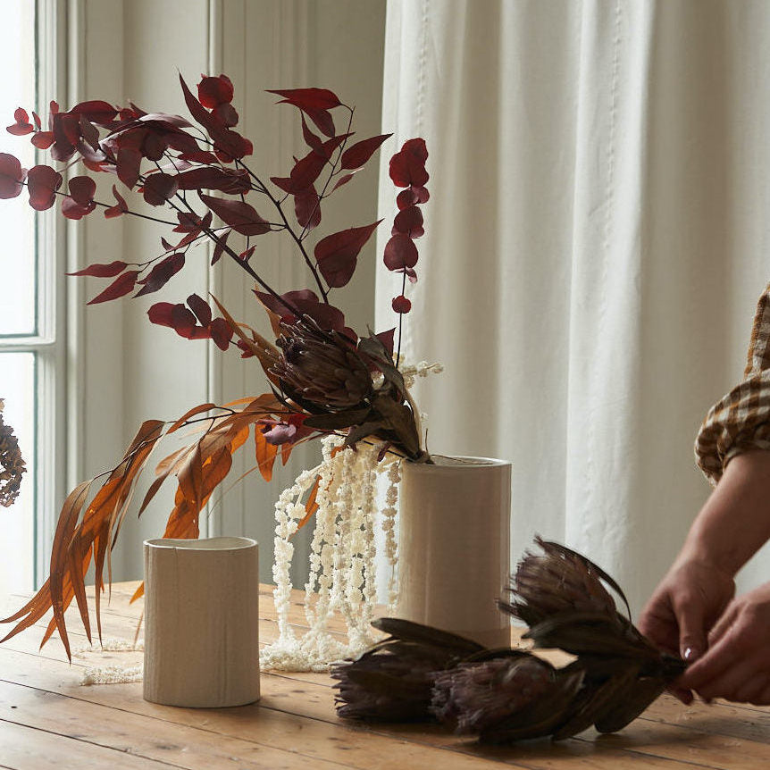 Signs of Autumn: Rainbow eucalyptus, Bleached Amaranthus and Protea