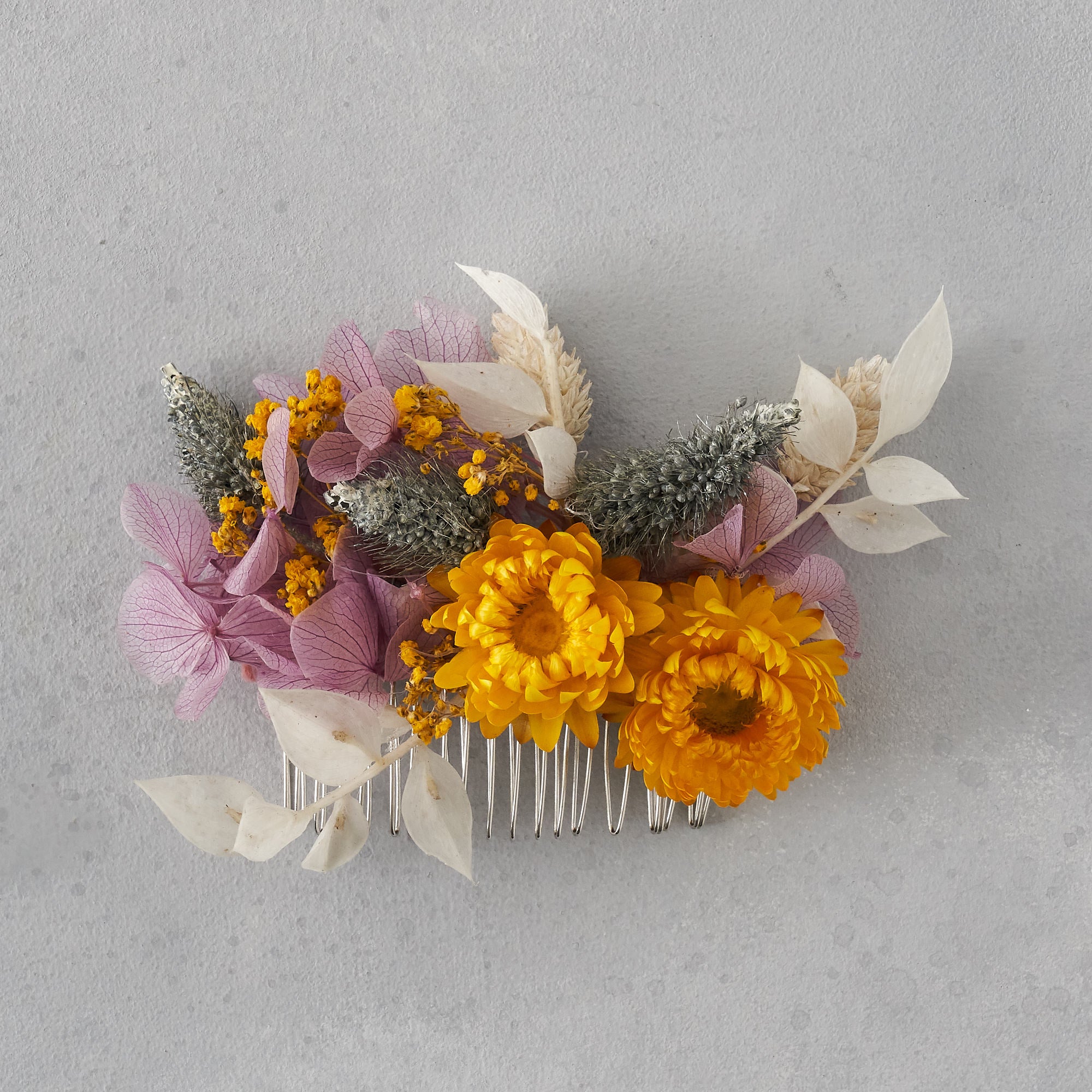 Dried flower hair comb : dusty lilac and sunshine yellow