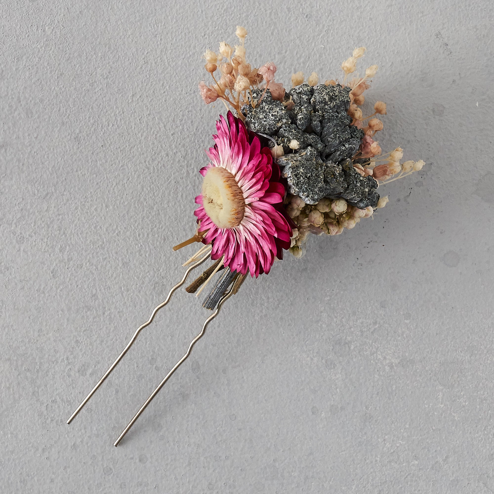 Dried flower hair pin deep pink