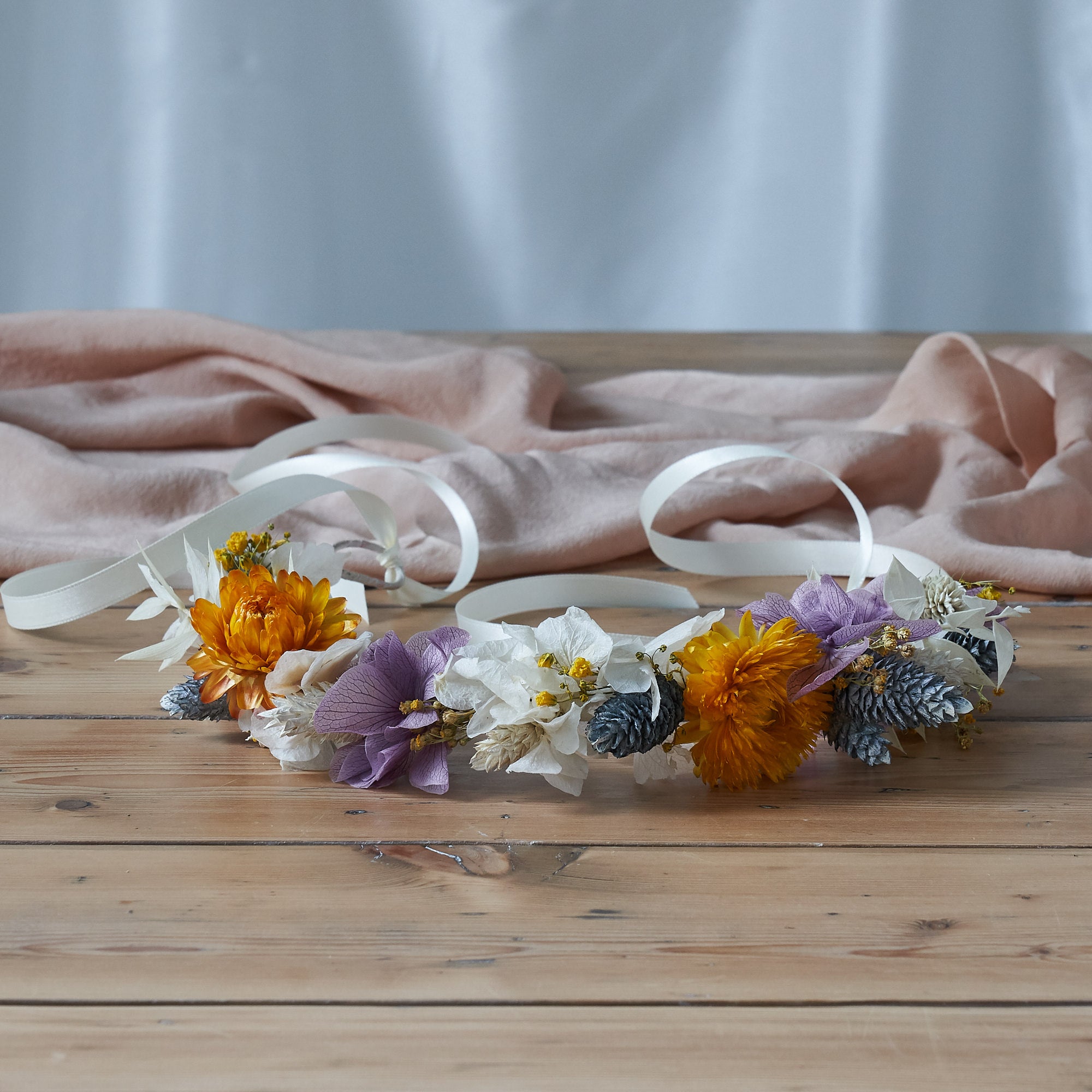 Dried flower crown : dusty lilac and sunshine yellow