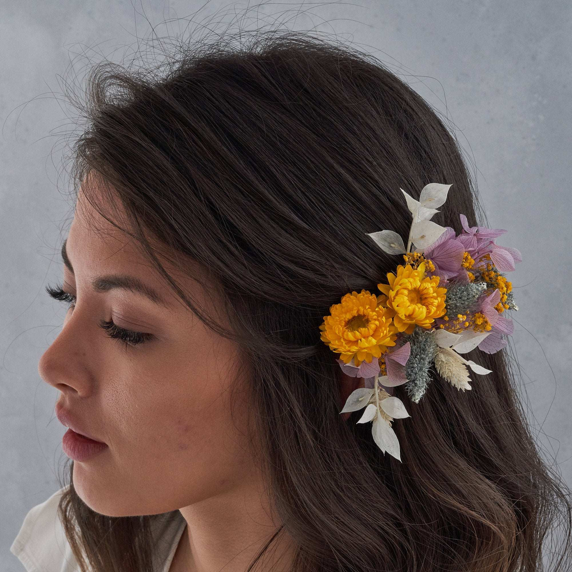 Dried flower hair comb : dusty lilac and sunshine yellow