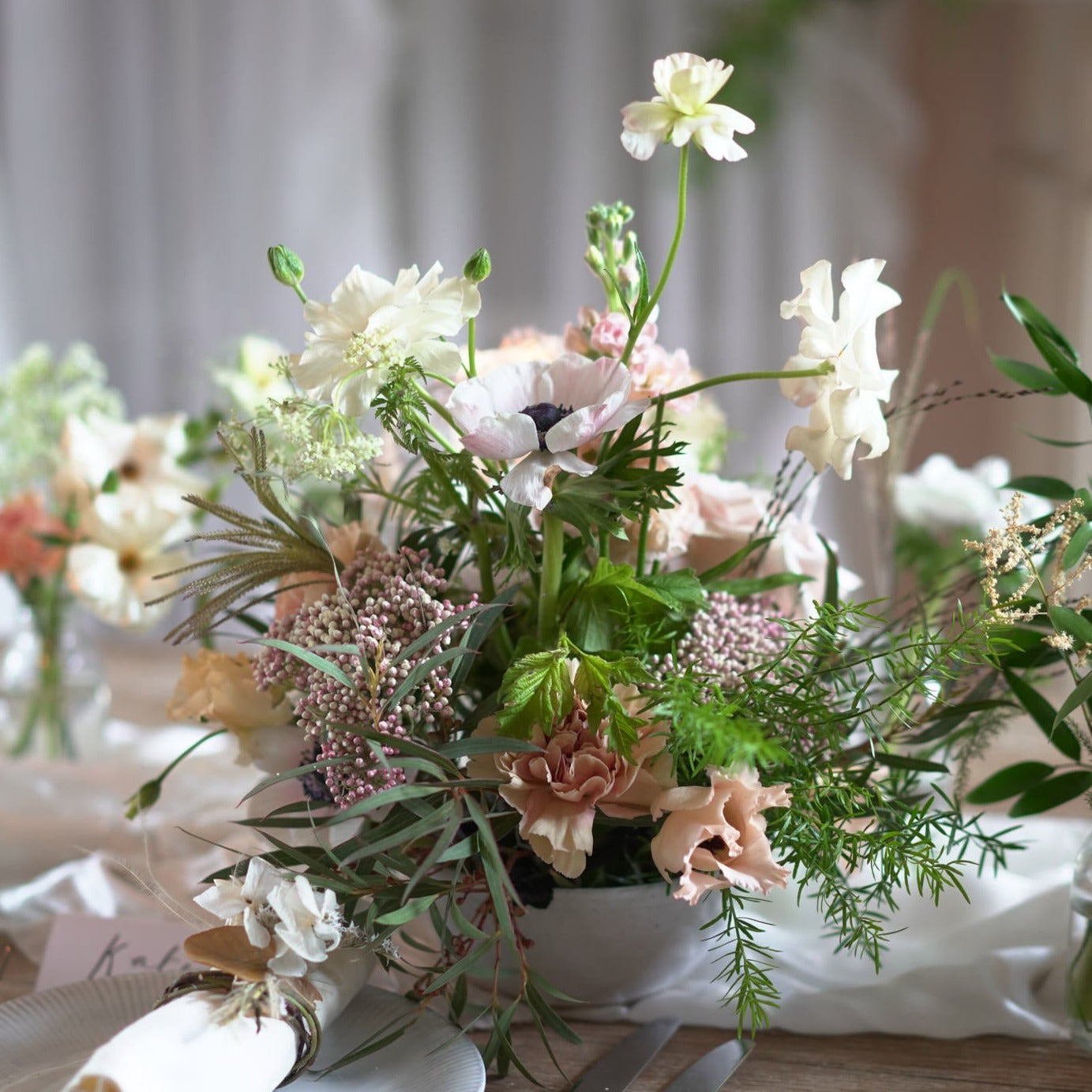 english country garden style flower bowl arrangement for weddings and events by Botanique Workshop