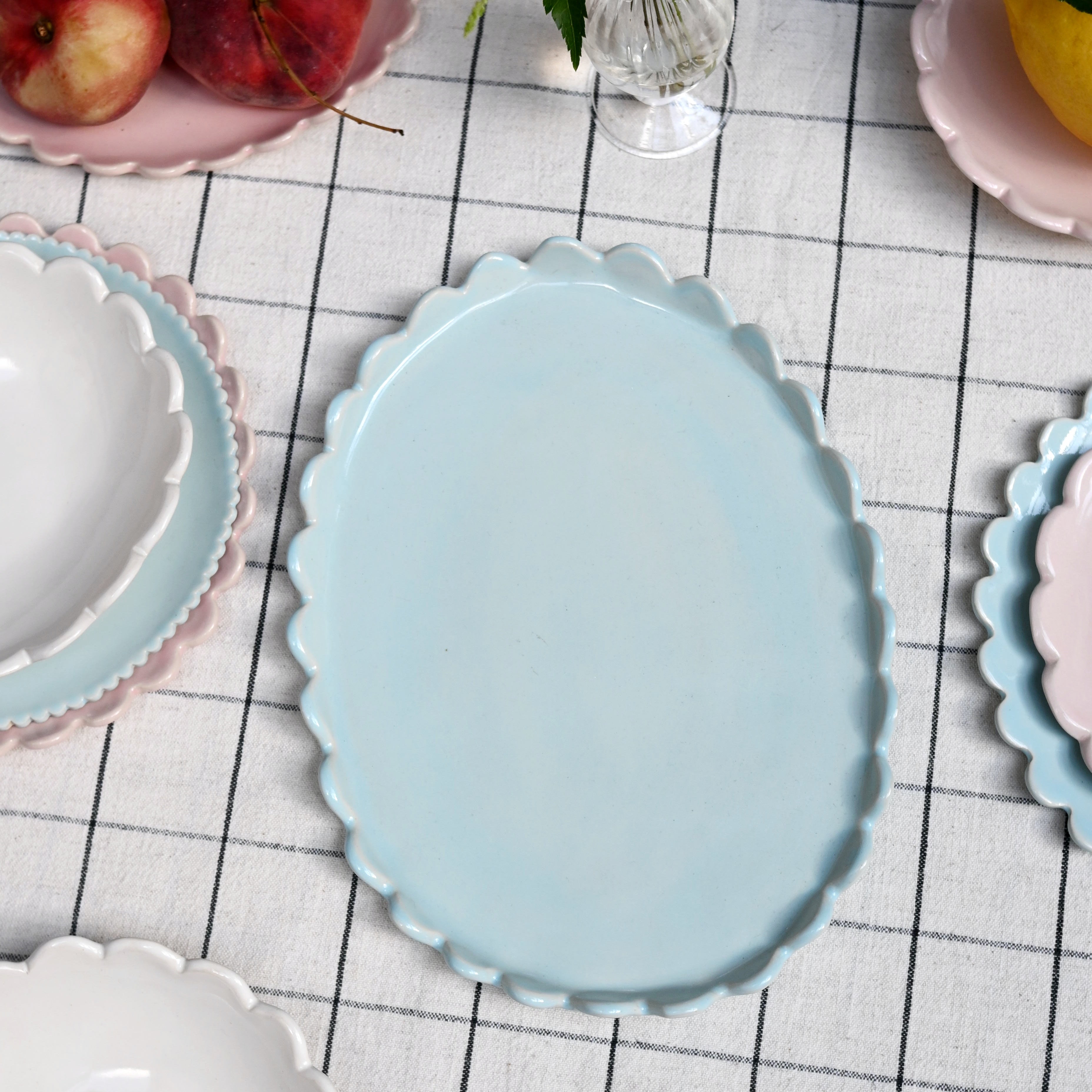 oval blue scalloped plate