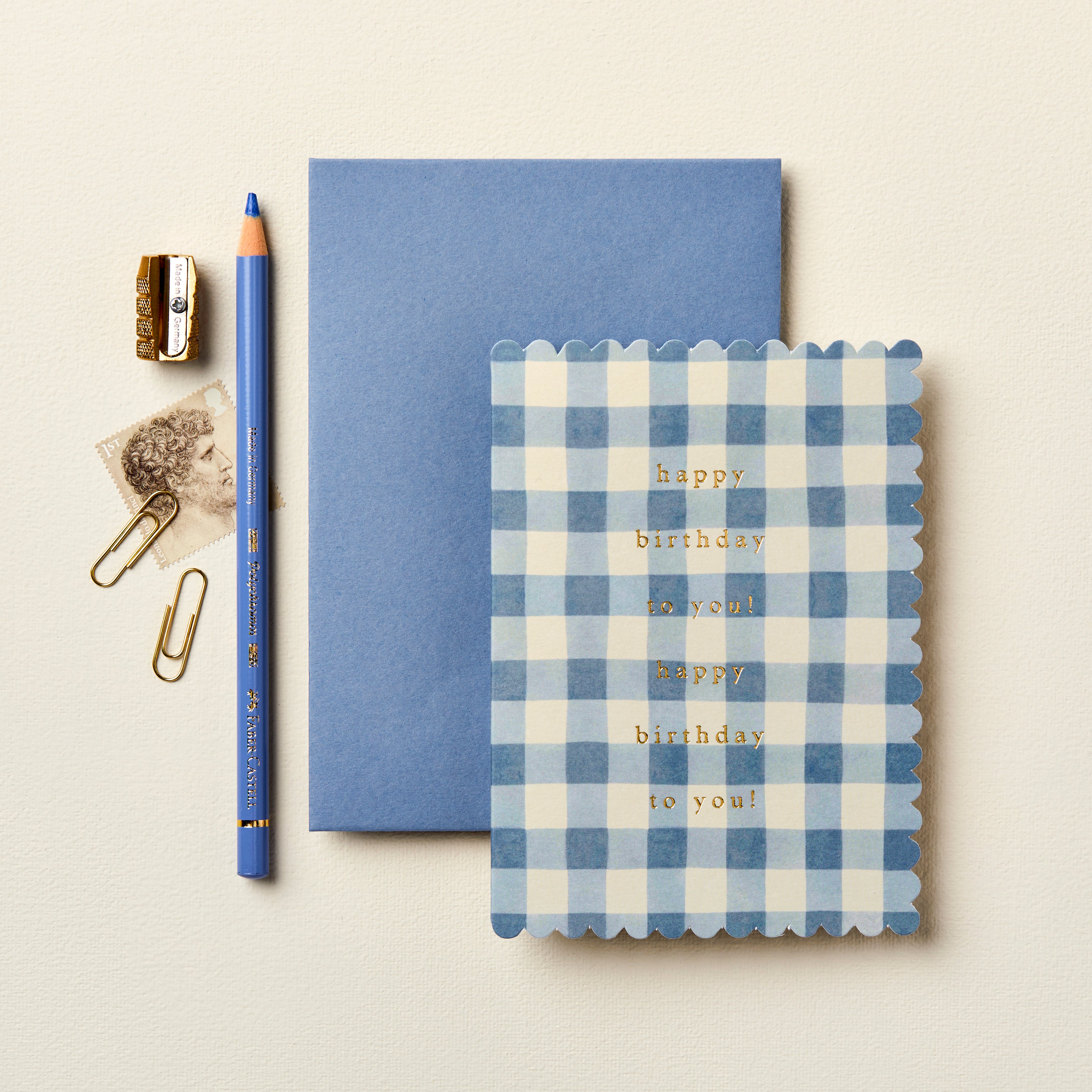 Mid Blue 'Happy Birthday to you!' Gingham Greetings Card
